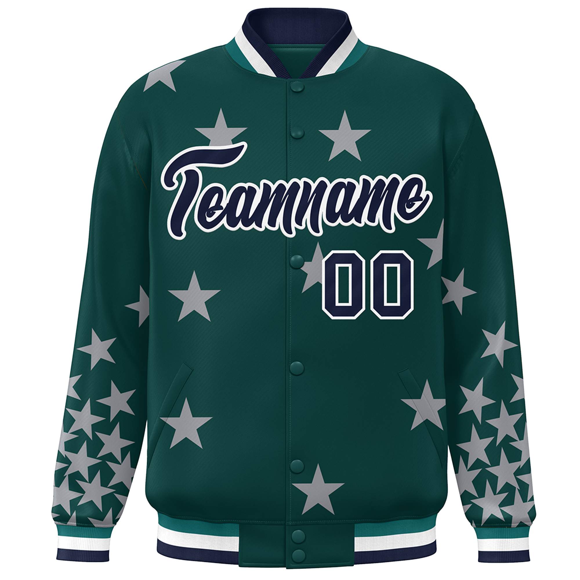 Custom Midnight Green Navy-White Star Graffiti Pattern Varsity Full-Snap Bomber Jacket