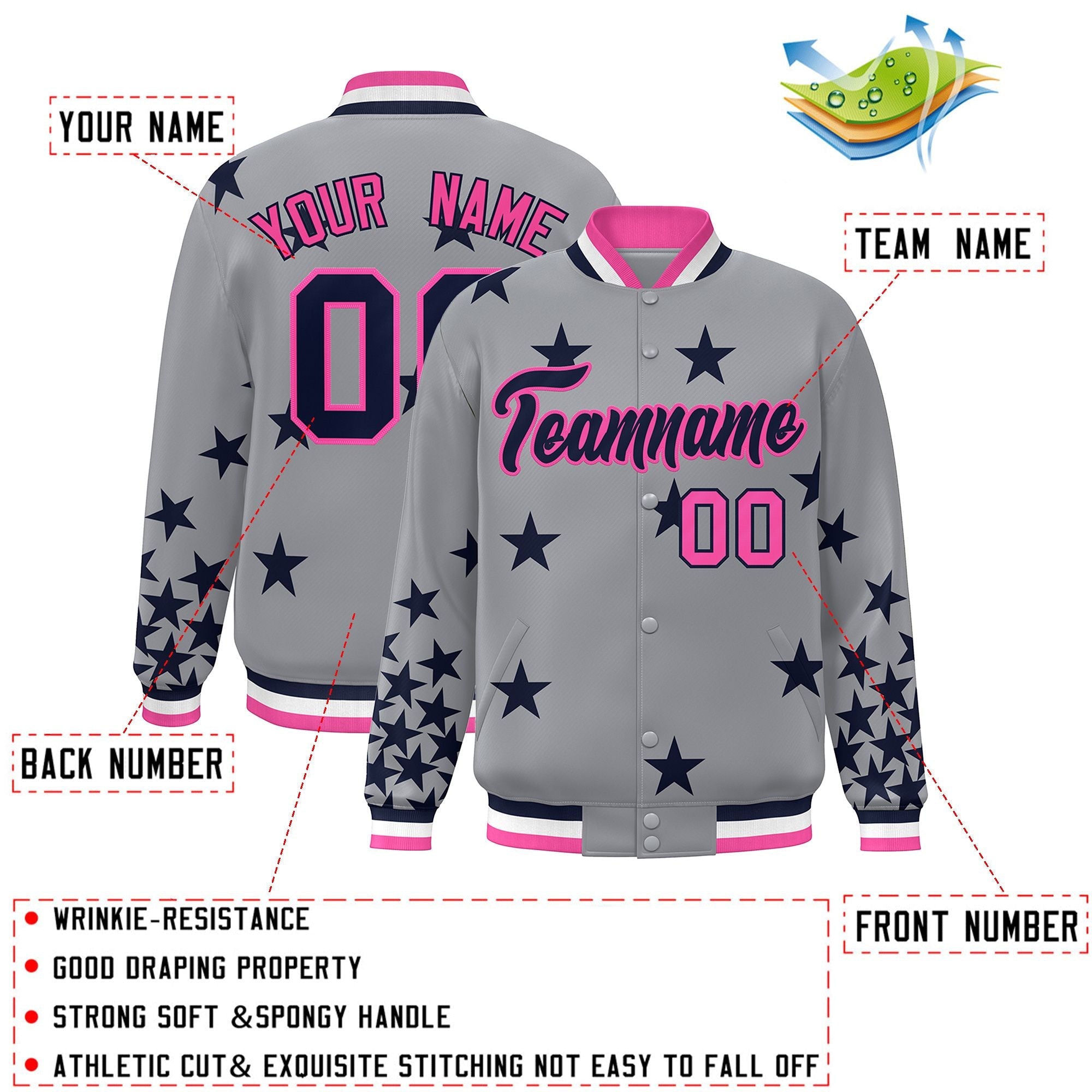 Custom Gray Navy-Pink Star Graffiti Pattern Varsity Full-Snap Bomber Jacket