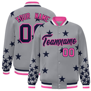 Custom Gray Navy-Pink Star Graffiti Pattern Varsity Full-Snap Bomber Jacket