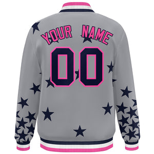 Custom Gray Navy-Pink Star Graffiti Pattern Varsity Full-Snap Bomber Jacket