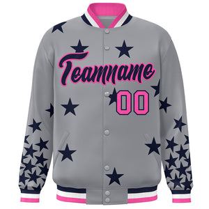 Custom Gray Navy-Pink Star Graffiti Pattern Varsity Full-Snap Bomber Jacket