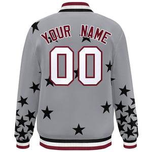 Custom Gray White-Crimson Star Graffiti Pattern Varsity Full-Snap Bomber Jacket