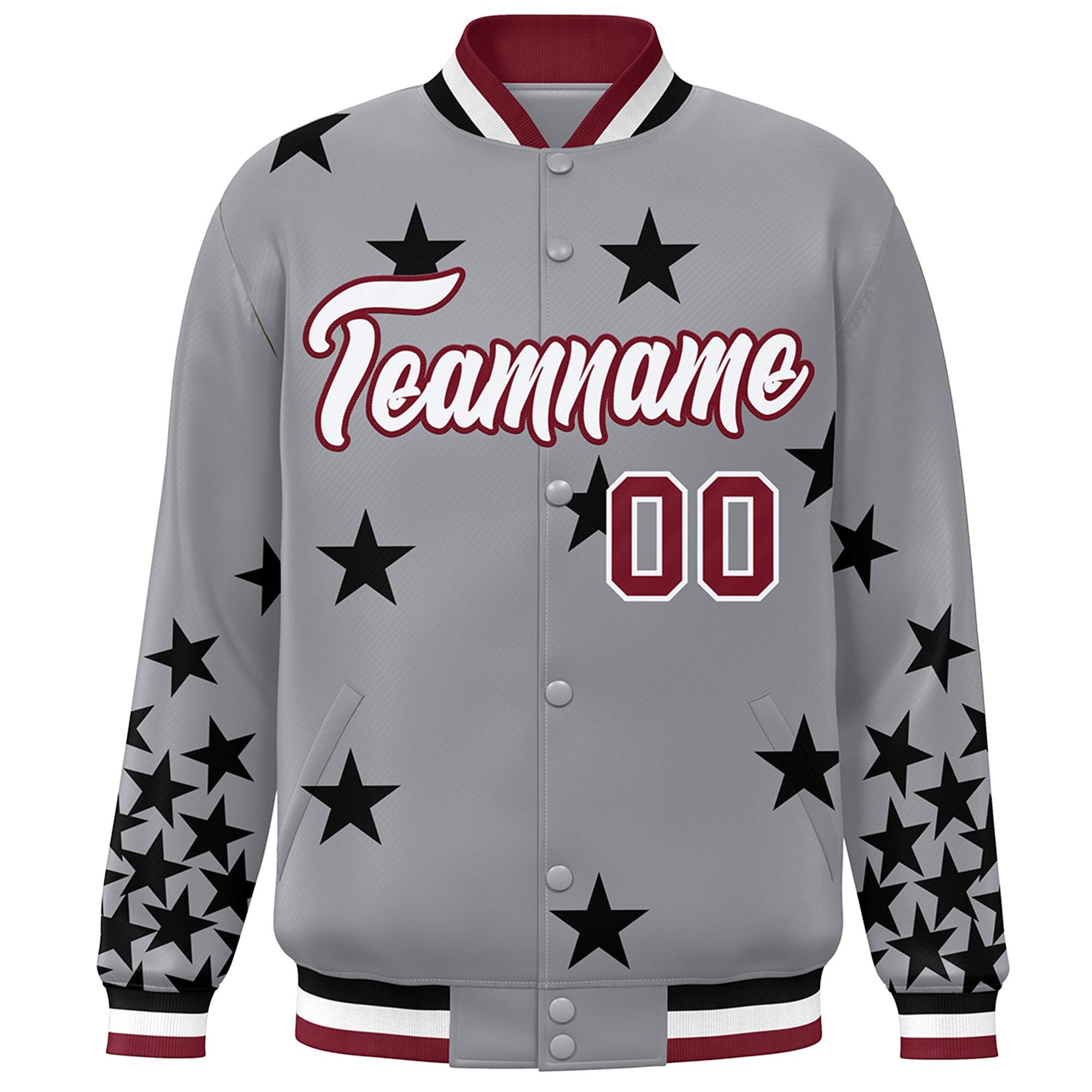 Custom Gray White-Crimson Star Graffiti Pattern Varsity Full-Snap Bomber Jacket