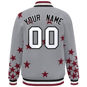 Custom Gray White-Black Star Graffiti Pattern Varsity Full-Snap Bomber Jacket