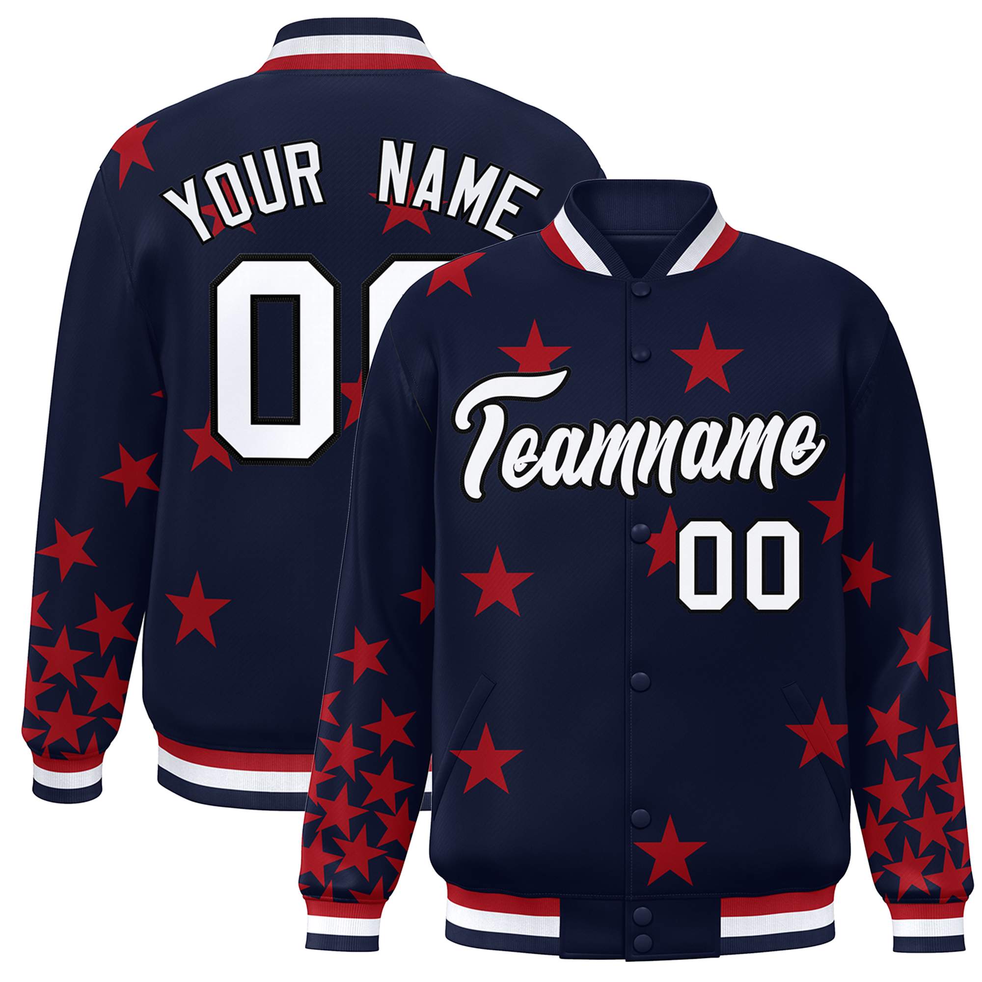 Custom Navy White Star Graffiti Pattern Varsity Full-Snap Bomber Jacket