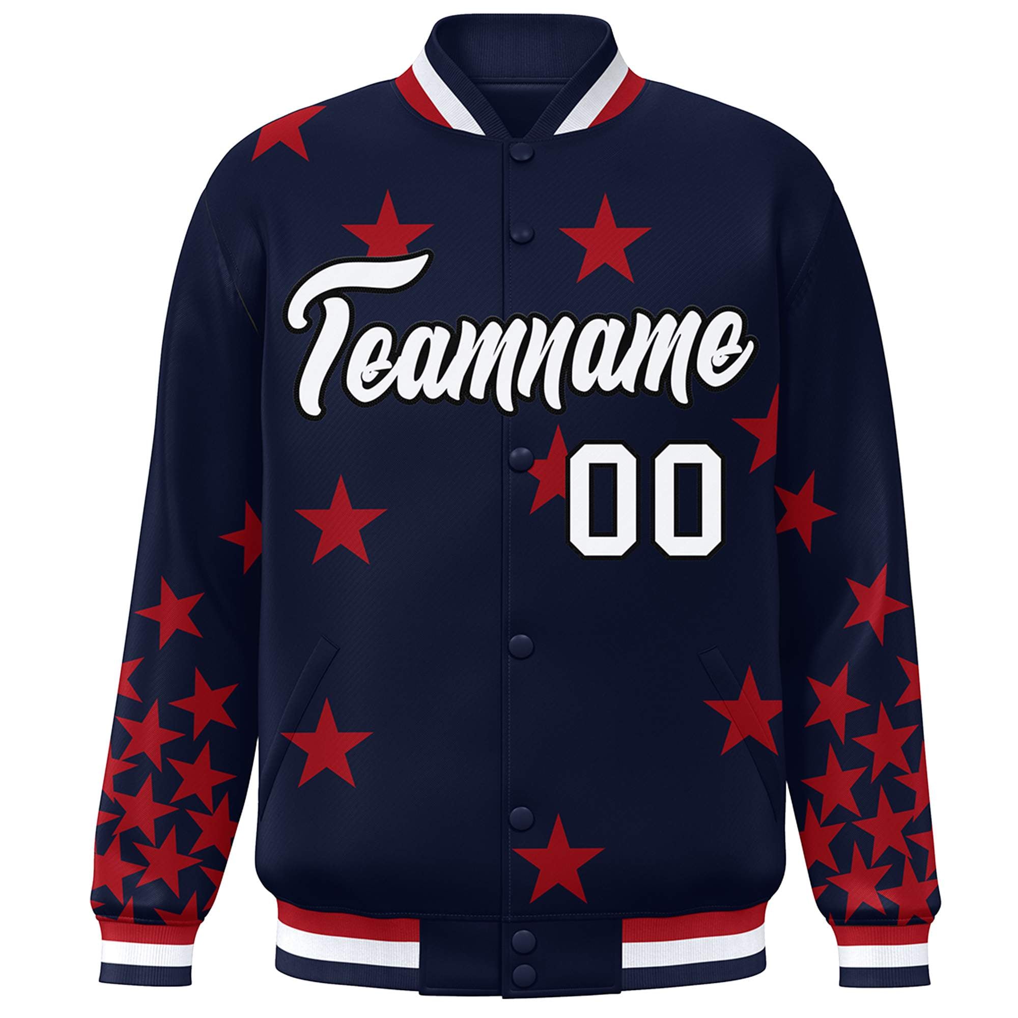 Custom Navy White Star Graffiti Pattern Varsity Full-Snap Bomber Jacket