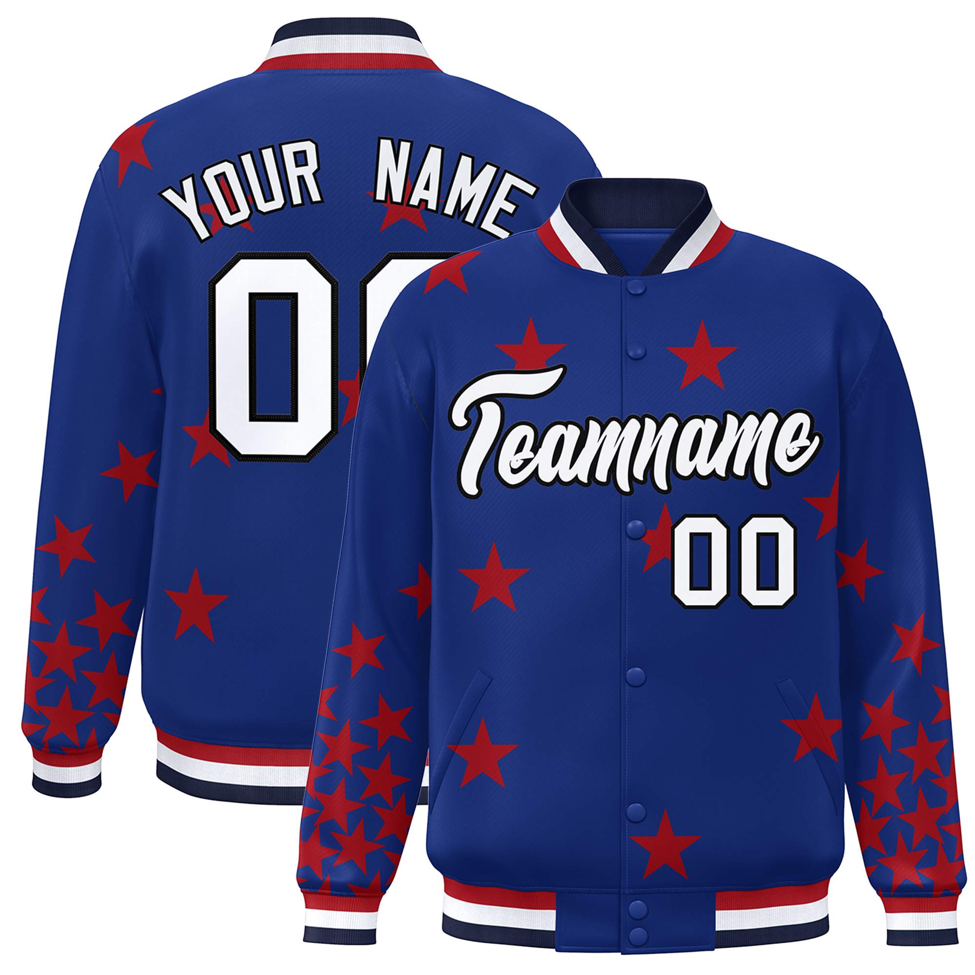 Custom Royal White Star Graffiti Pattern Varsity Full-Snap Bomber Jacket