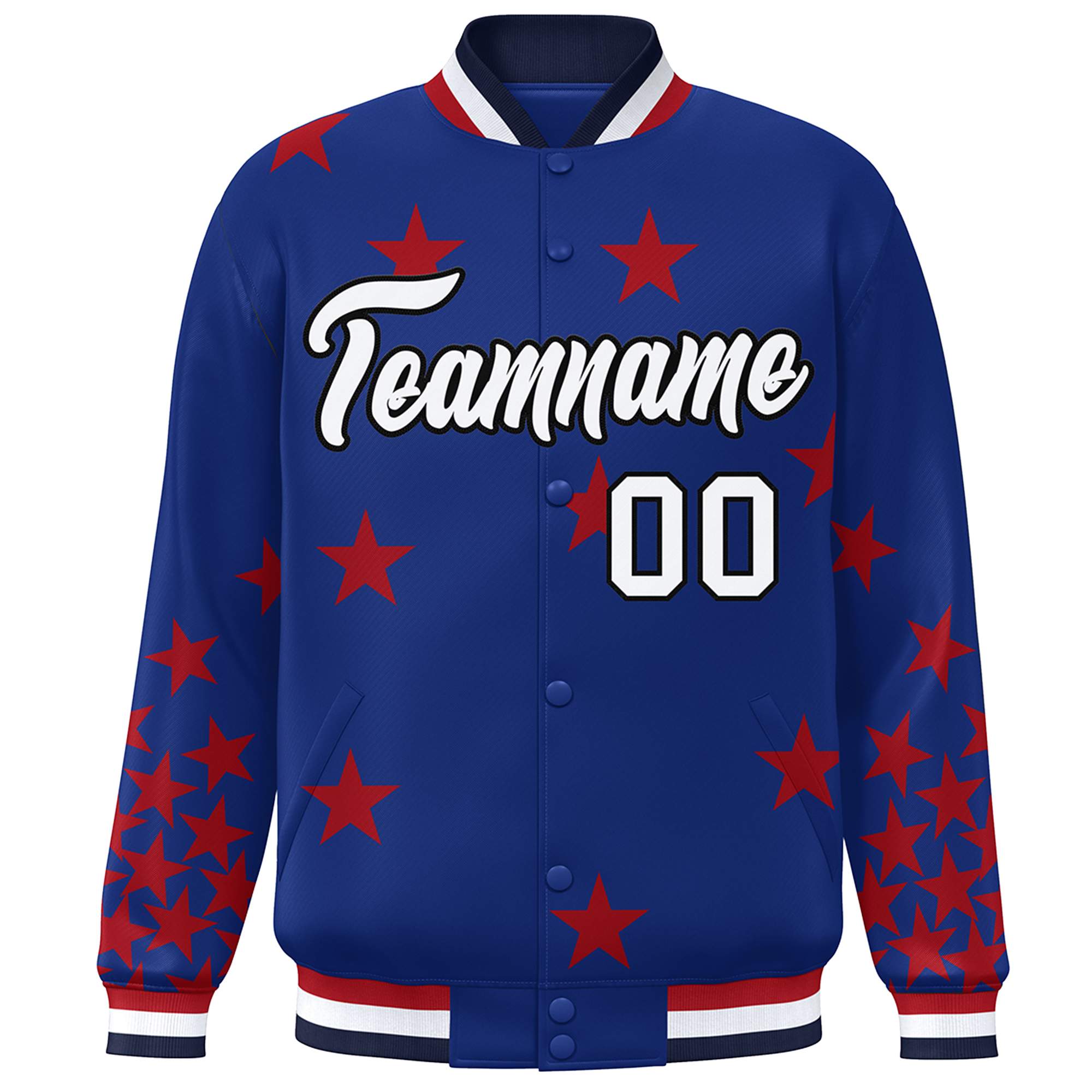 Custom Royal White Star Graffiti Pattern Varsity Full-Snap Bomber Jacket