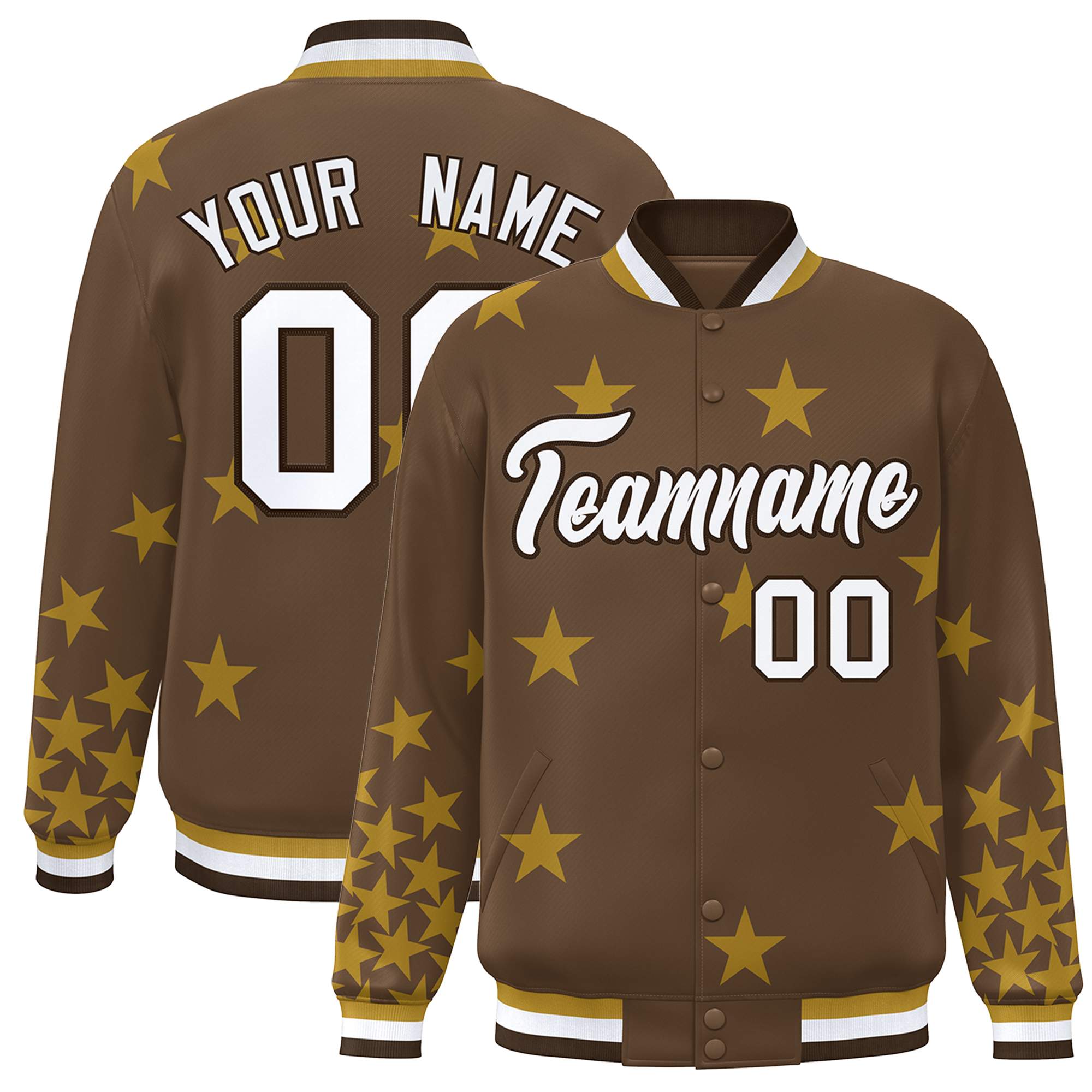 Custom Brown White Star Graffiti Pattern Varsity Full-Snap Bomber Jacket