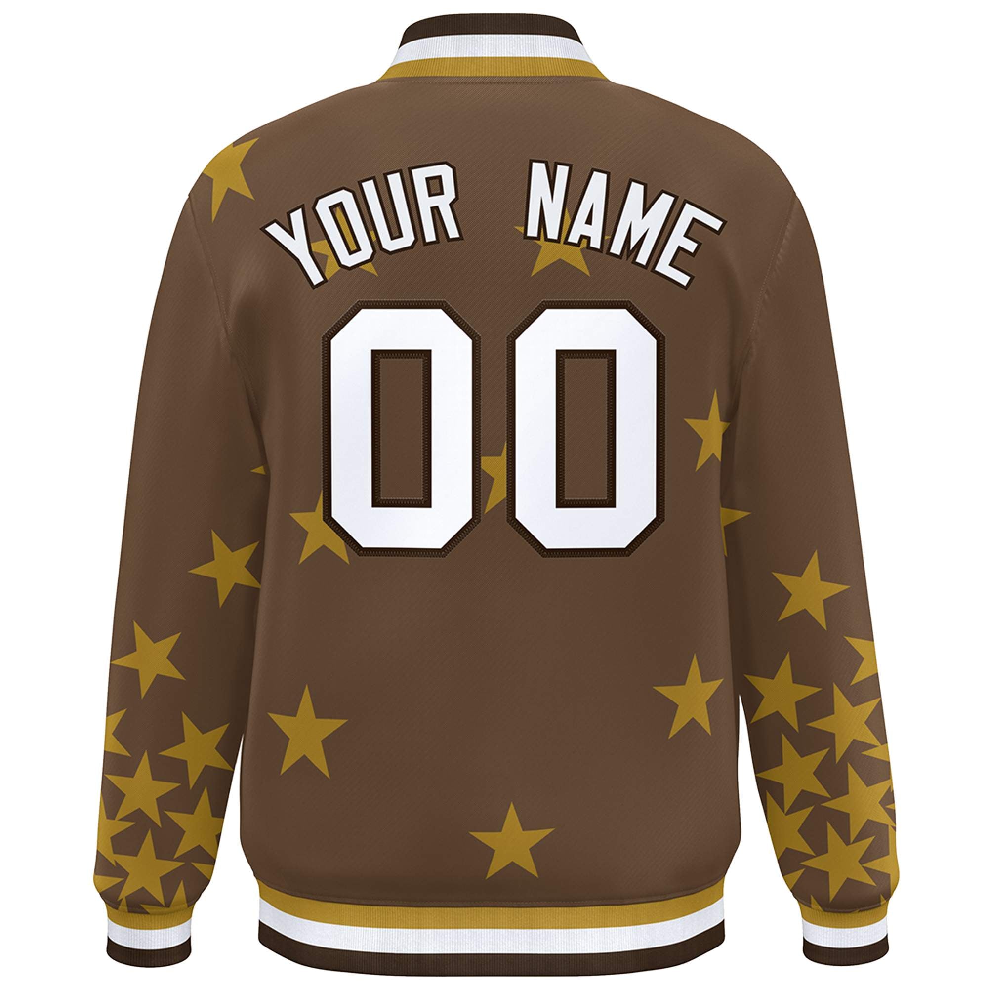 Custom Brown White Star Graffiti Pattern Varsity Full-Snap Bomber Jacket