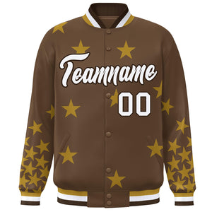 Custom Brown White Star Graffiti Pattern Varsity Full-Snap Bomber Jacket