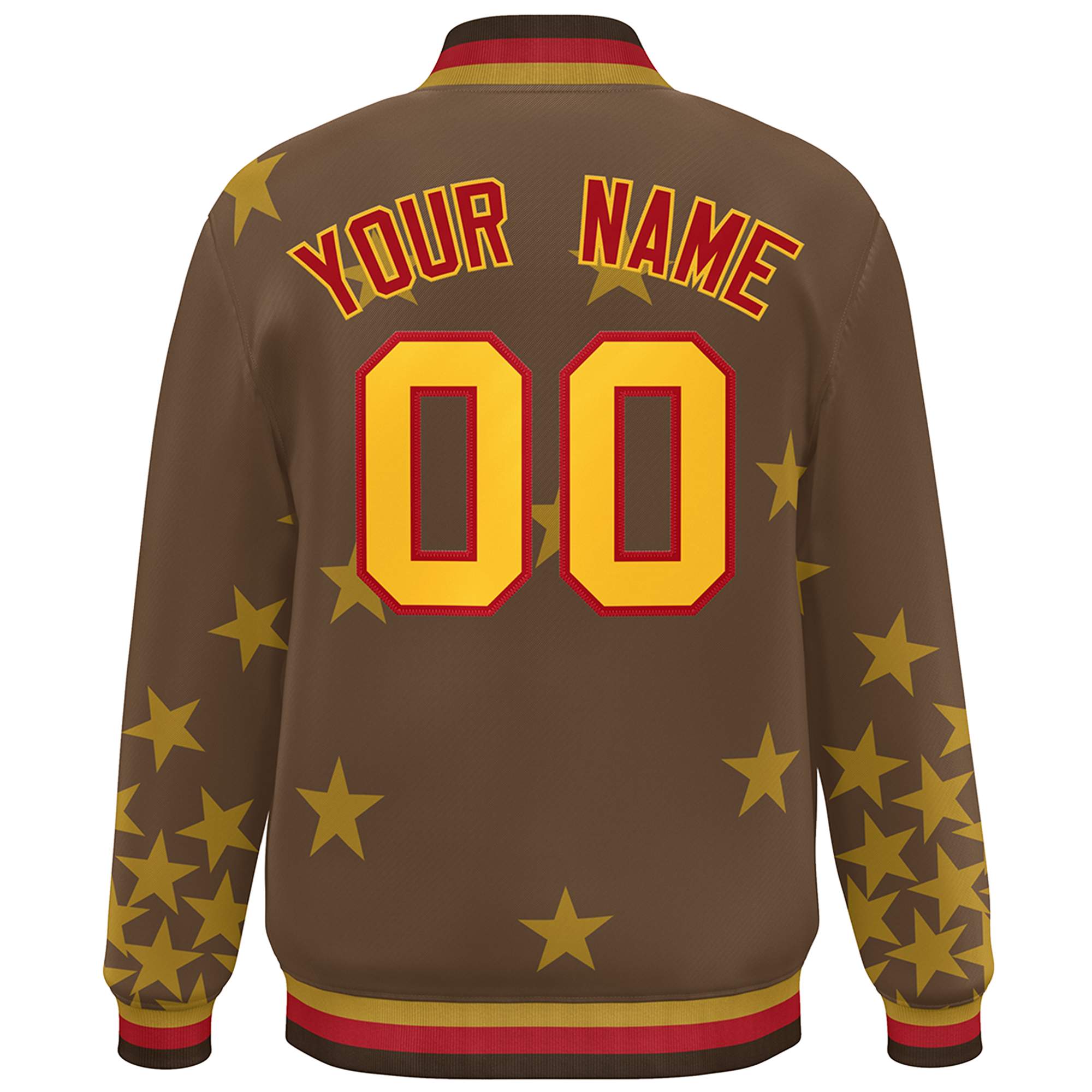 Custom Brown Yellow-Red Star Graffiti Pattern Varsity Full-Snap Bomber Jacket