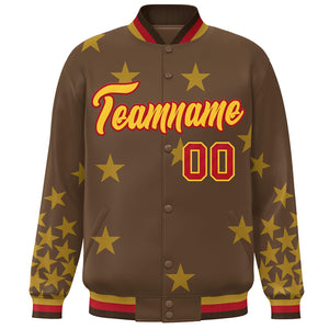 Custom Brown Yellow-Red Star Graffiti Pattern Varsity Full-Snap Bomber Jacket