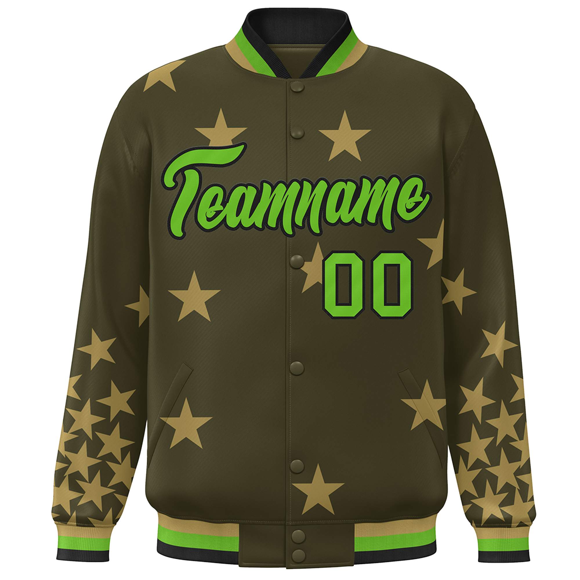 Custom Olive Green-Black Star Graffiti Pattern Varsity Full-Snap Bomber Jacket