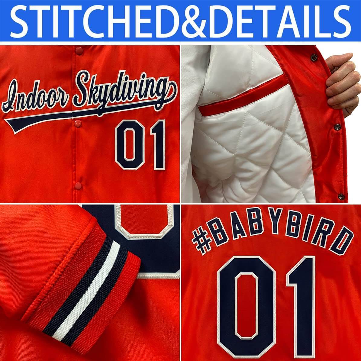 custom red and royal blue varstiy full-snap baseball jacket stitched details