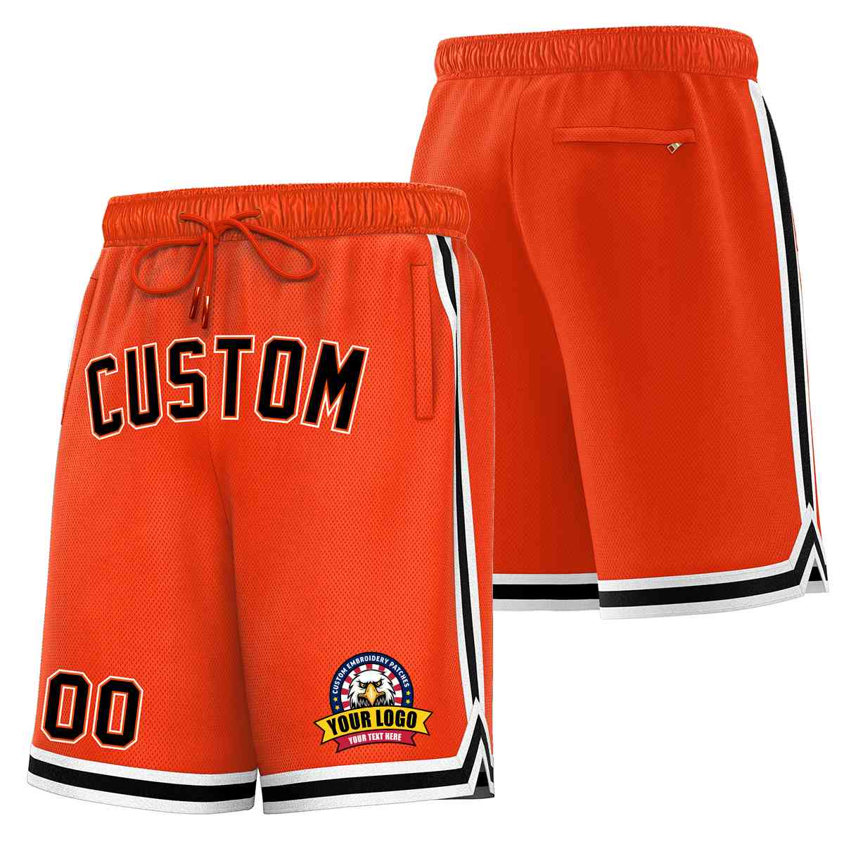 Short en maille de basket-ball de style classique orange noir-blanc personnalisé