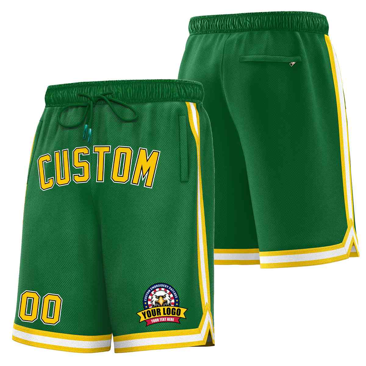 Short en maille de basket-ball de style classique Kelly vert or-blanc personnalisé