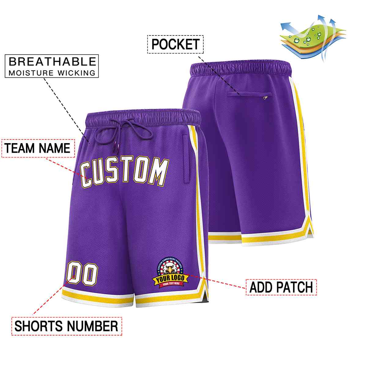 Short en maille de basket-ball de style classique violet blanc-or personnalisé