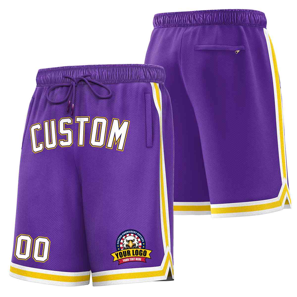 Short en maille de basket-ball de style classique violet blanc-or personnalisé