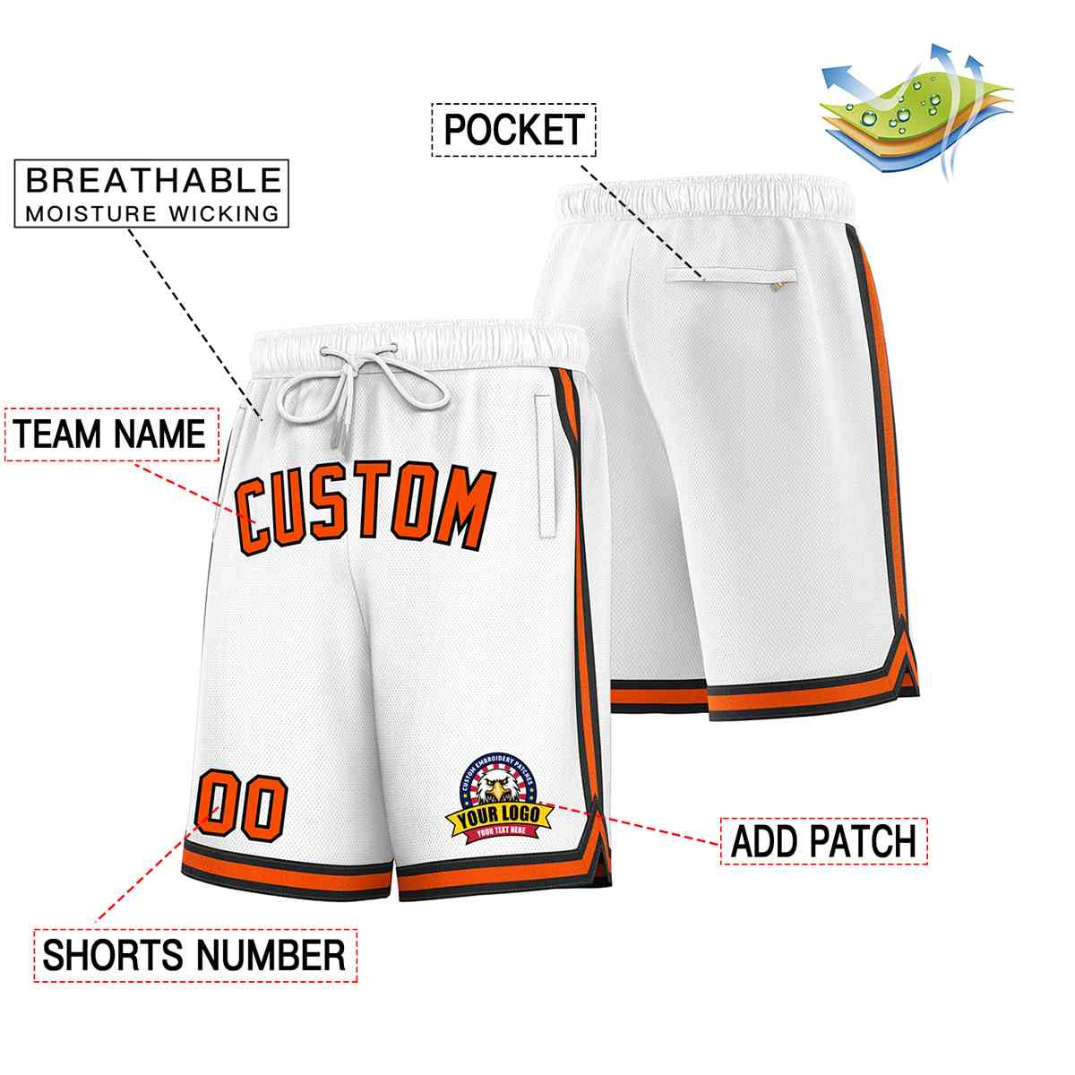 Custom White Orange-Black Classic Style Basketball Mesh Shorts