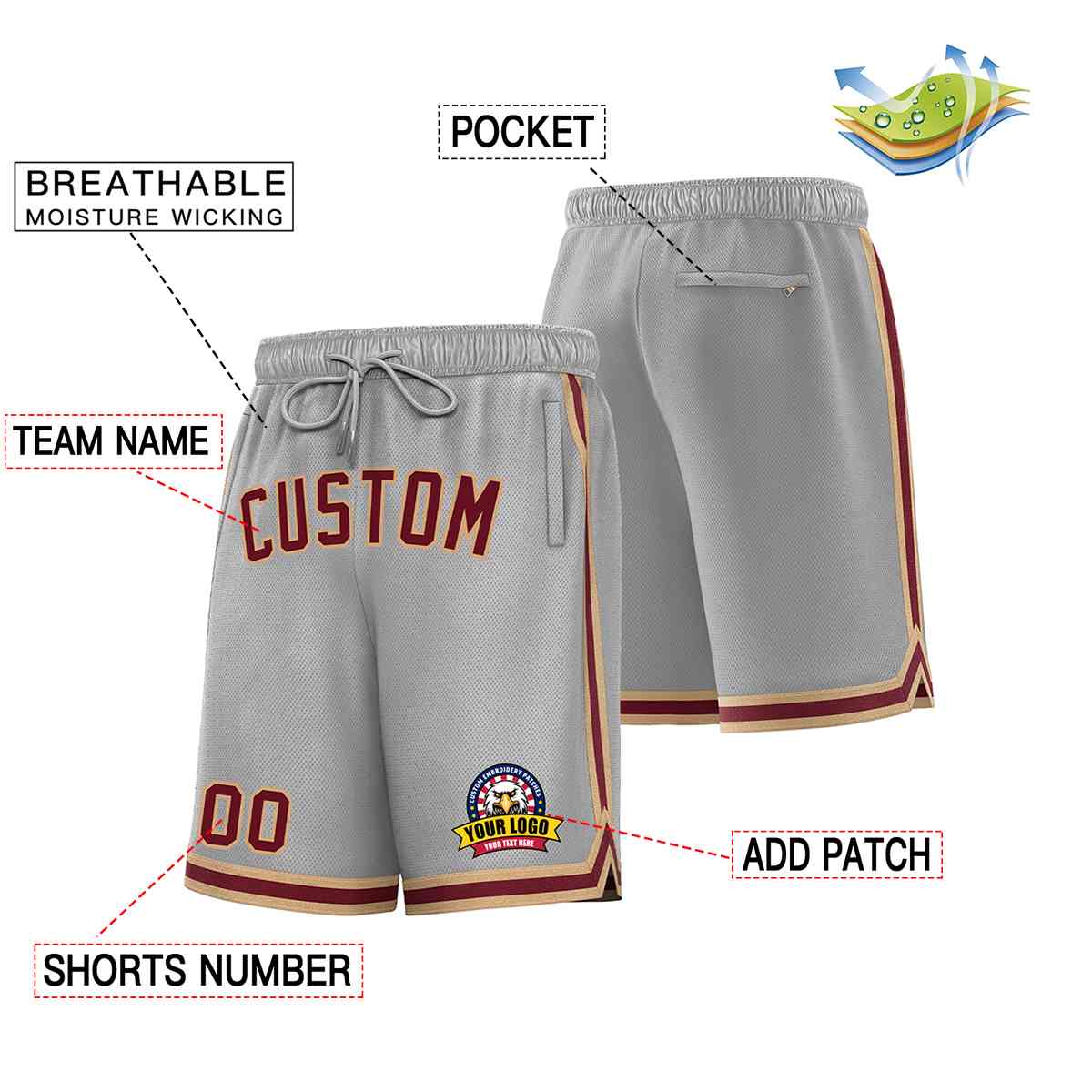 Custom Gray Maroon-Old Gold Classic Style Basketball Mesh Shorts