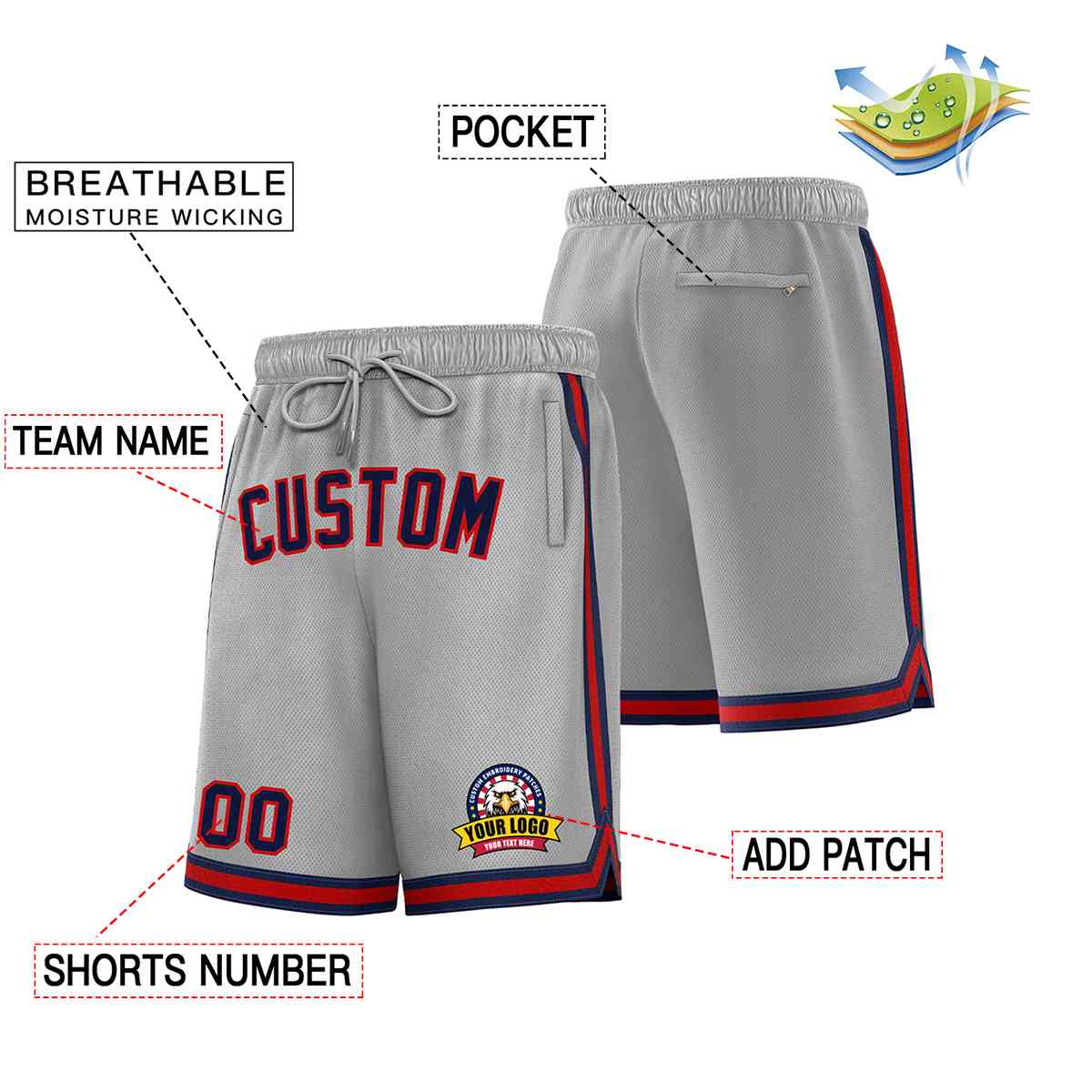 Custom Gray Navy-Red Classic Style Basketball Mesh Shorts