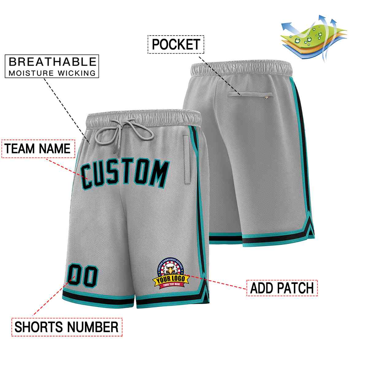 Custom Gray Black-Teal Classic Style Basketball Mesh Shorts