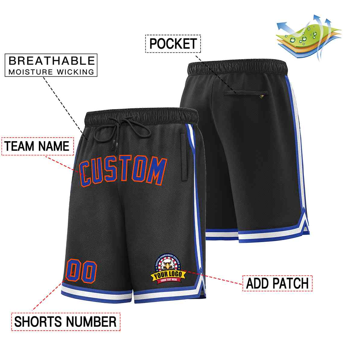 Custom Black Royal-Orange Classic Style Basketball Mesh Shorts