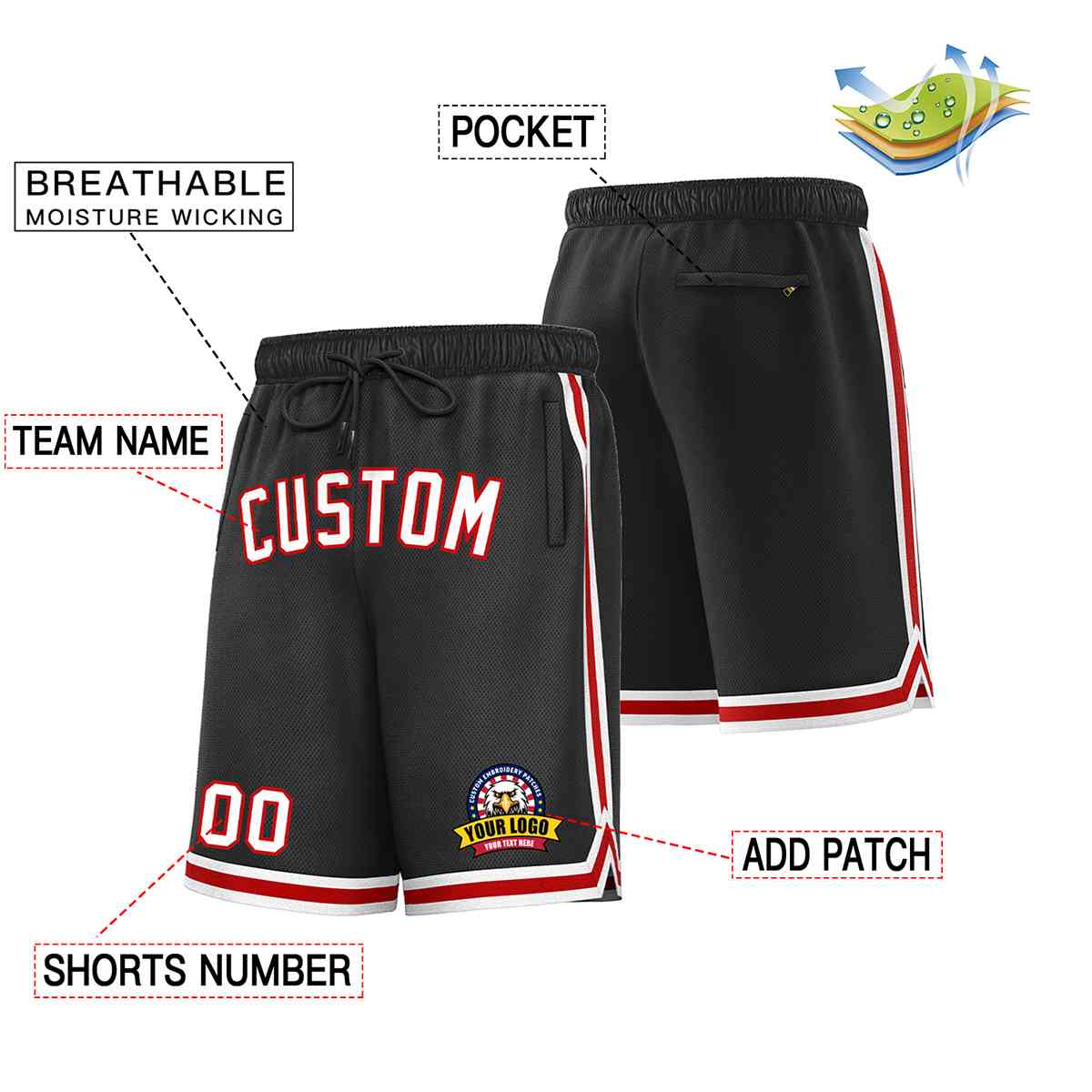 Custom Black White-Red Classic Style Basketball Mesh Shorts