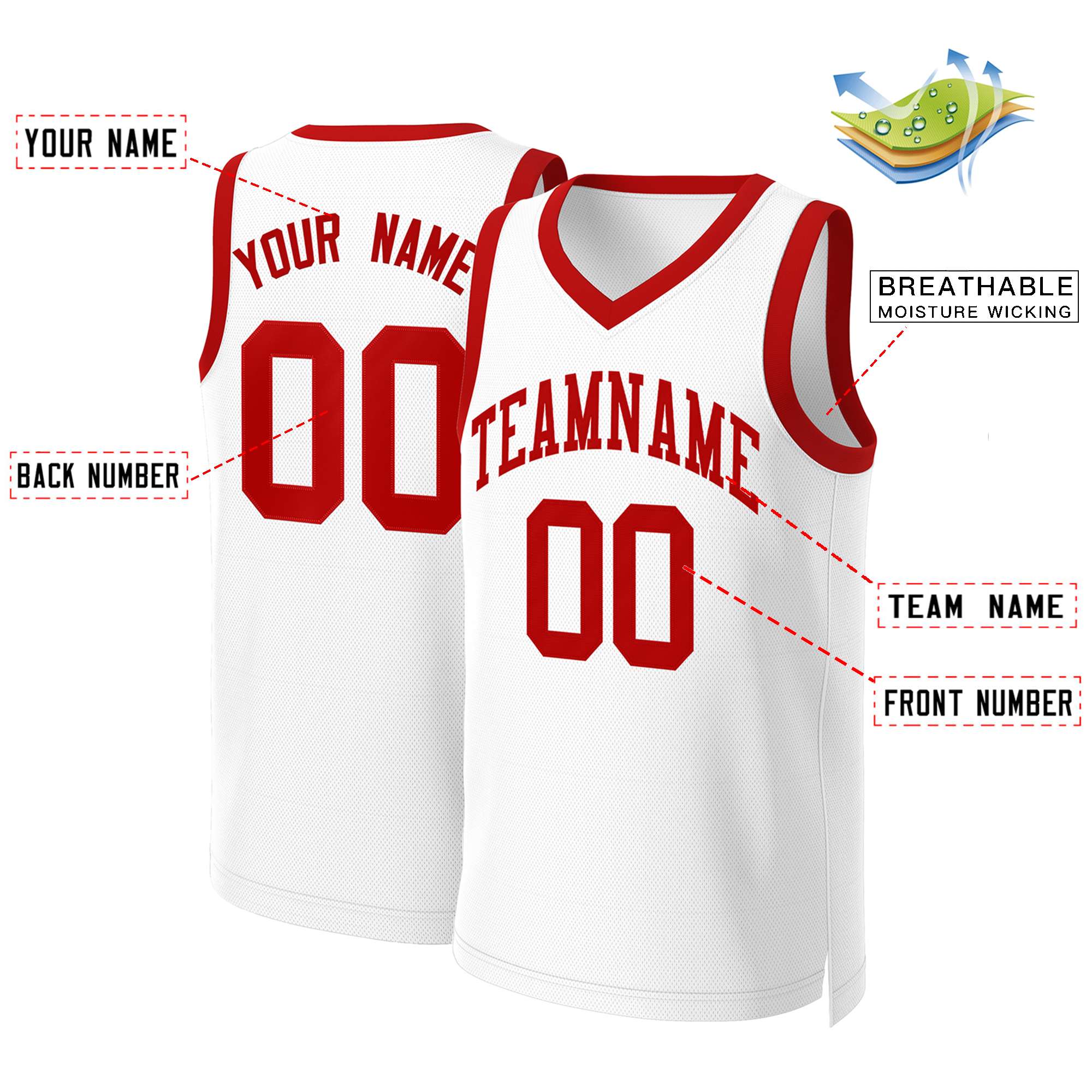 Maillot de basket-ball classique blanc rouge personnalisé