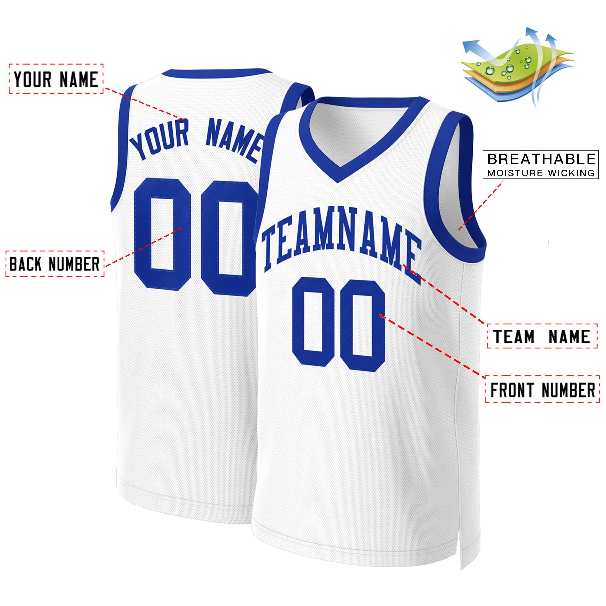 Maillot de basket-ball Royal Classic blanc personnalisé