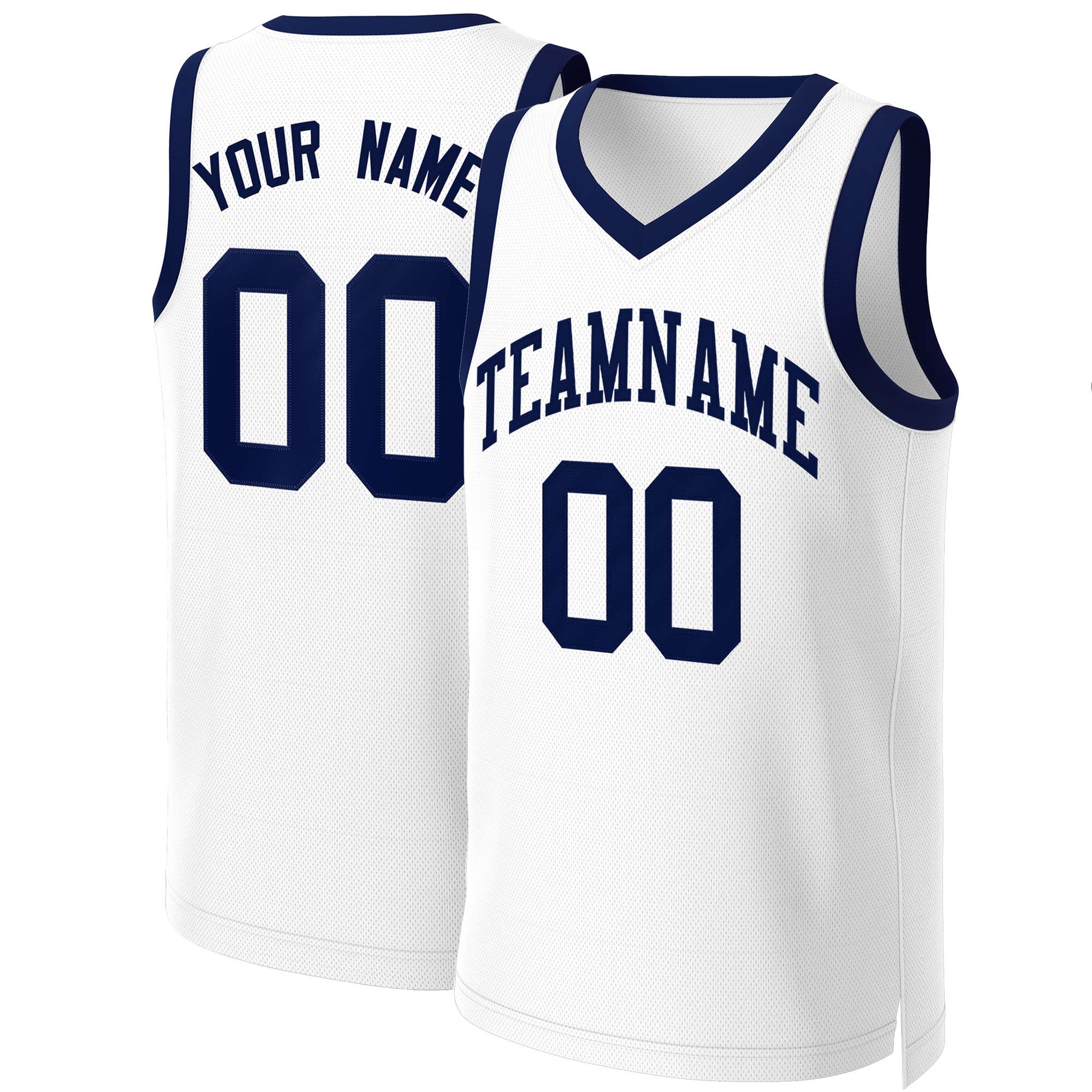 Maillot de basket-ball classique blanc et bleu marine personnalisé