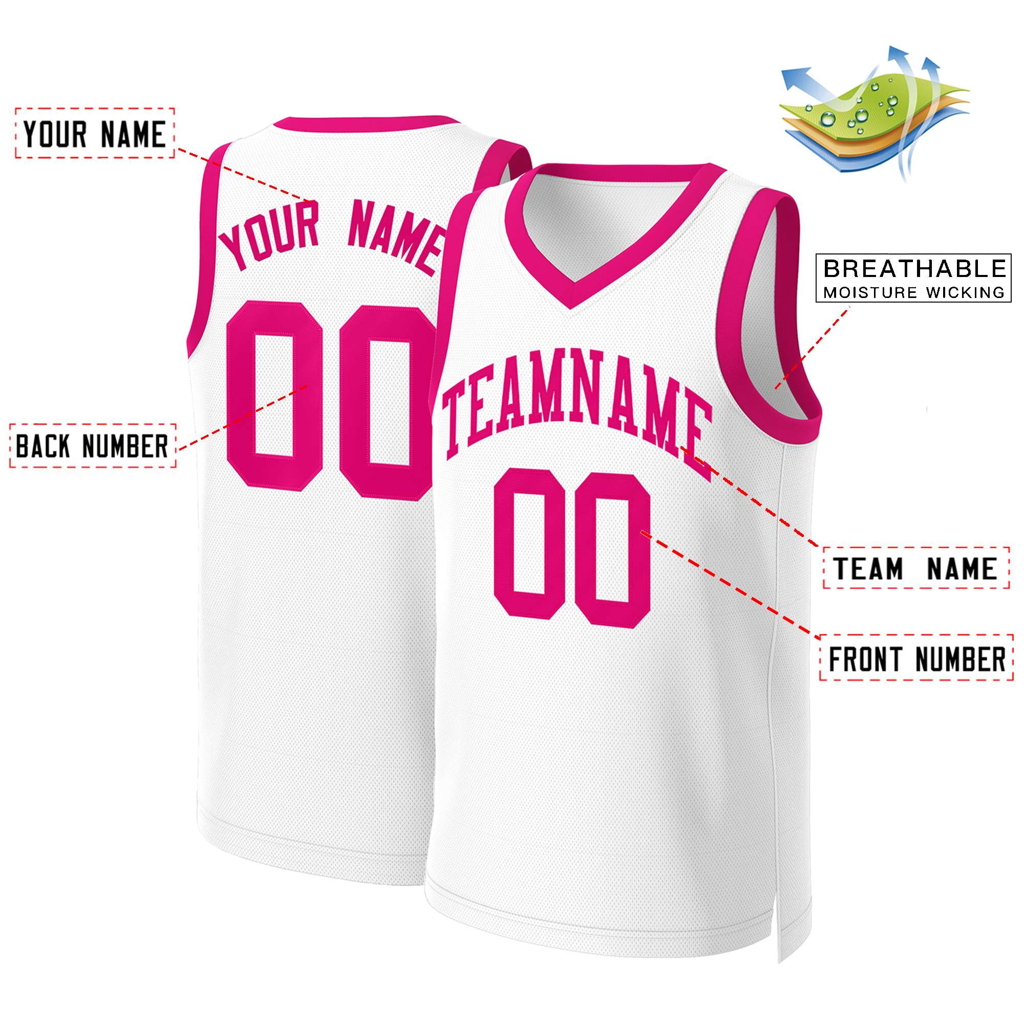 Custom White Pink Classic Tops Basketball Jersey