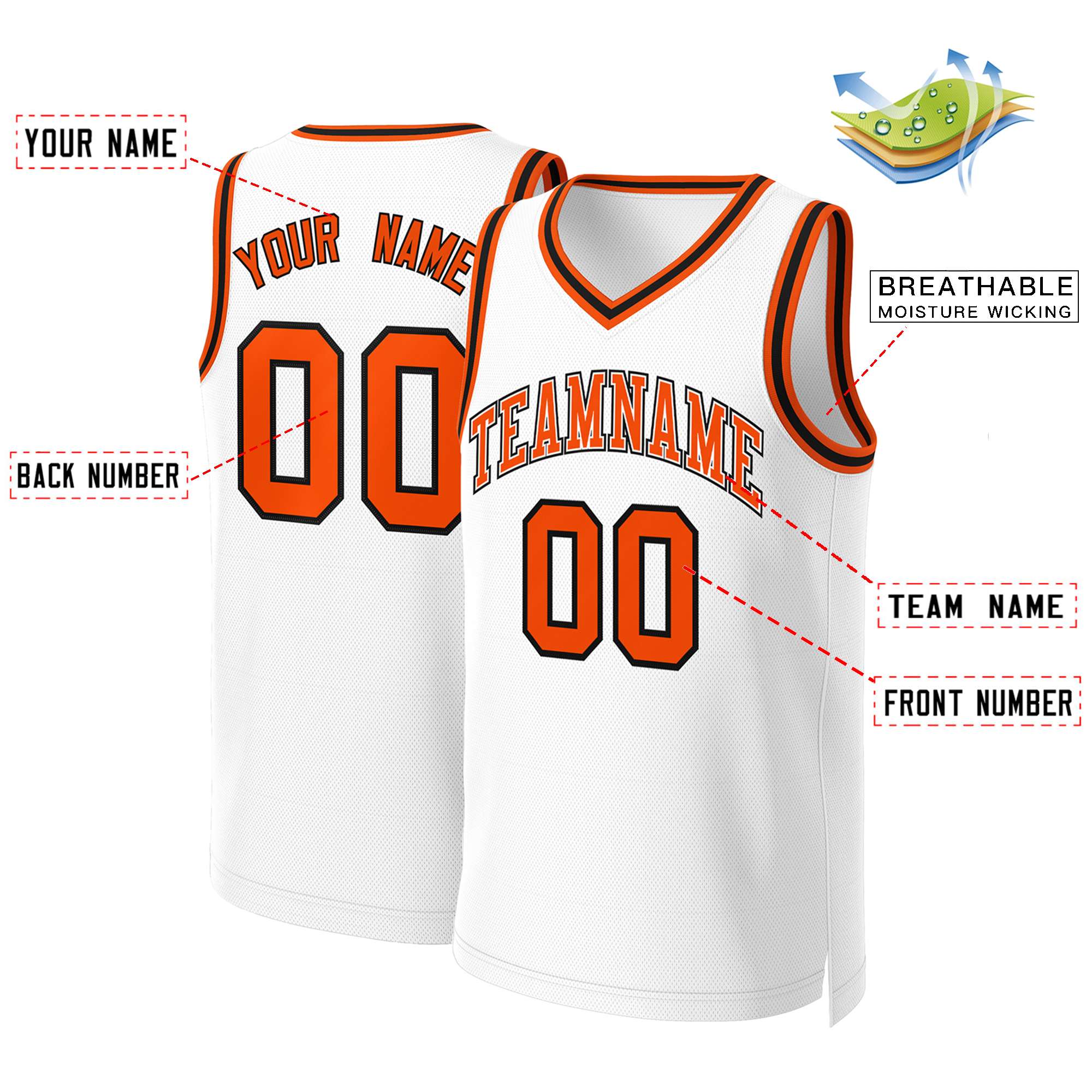 Maillot de basket-ball classique personnalisé blanc Orange-blanc