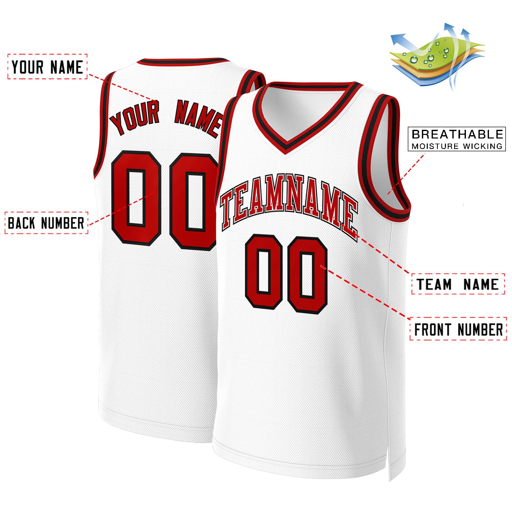 Maillot de basket-ball classique personnalisé blanc rouge-blanc