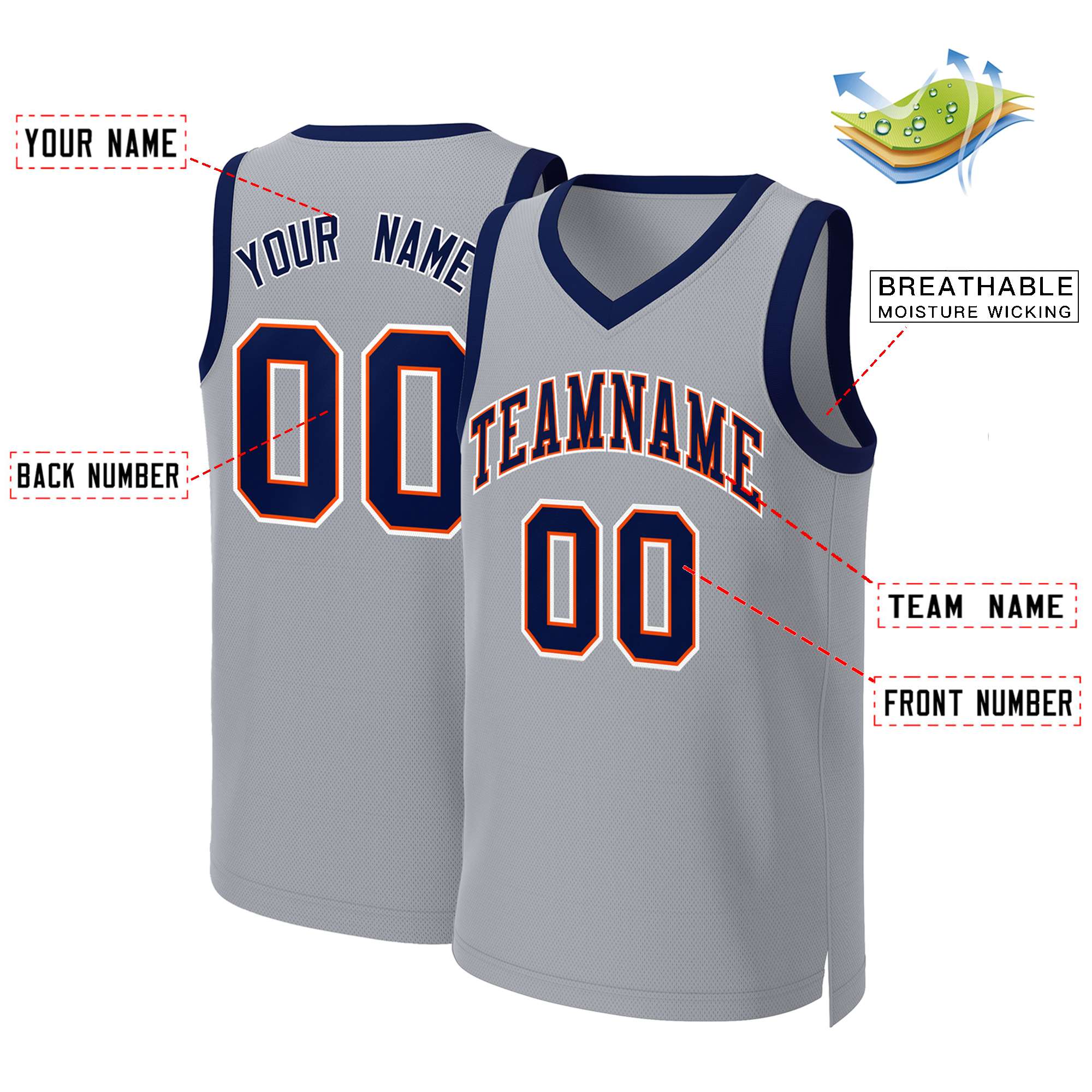 Custom Gray Navy-Orange Classic Tops Basketball Jersey