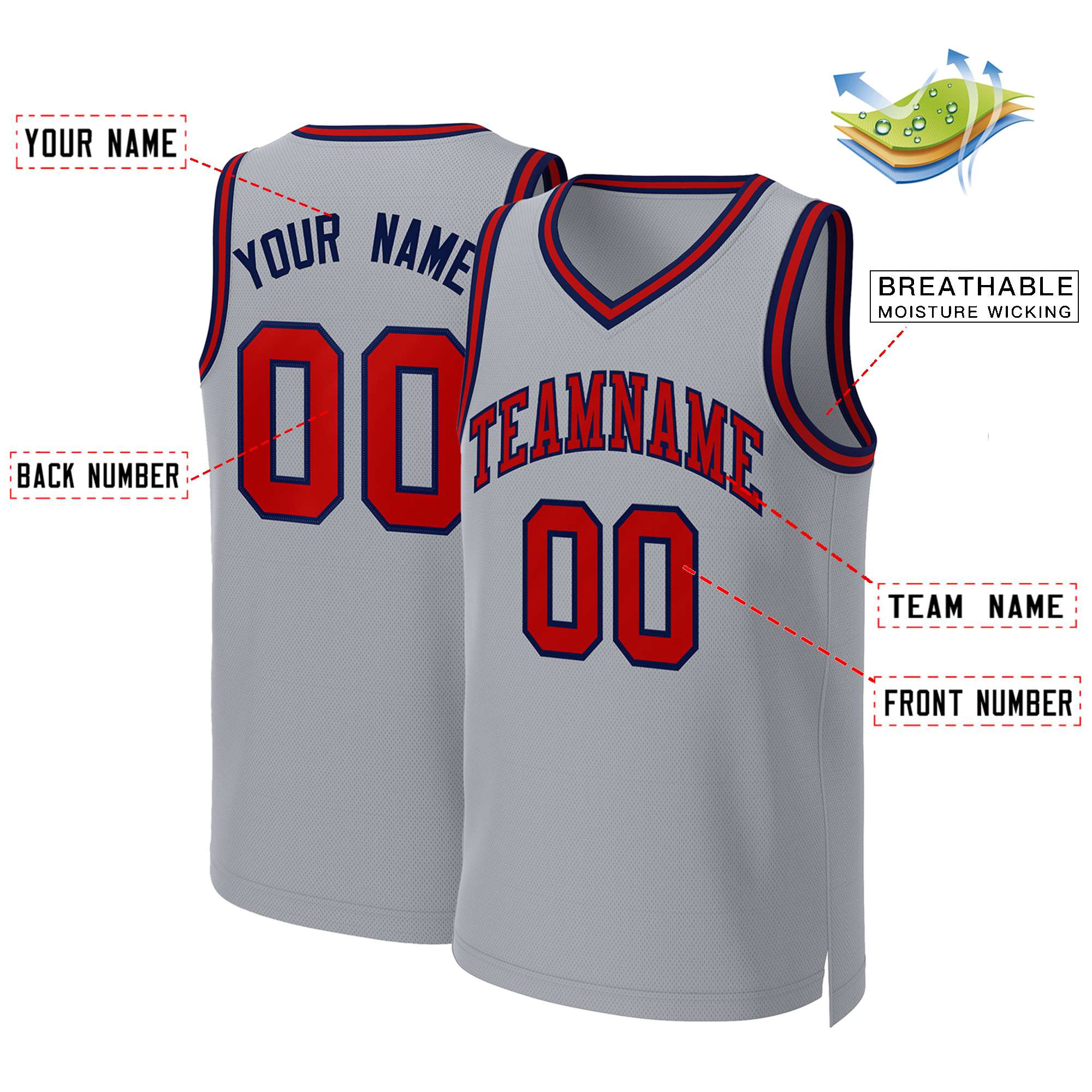 Custom Gray Red-Navy Classic Tops Basketball Jersey