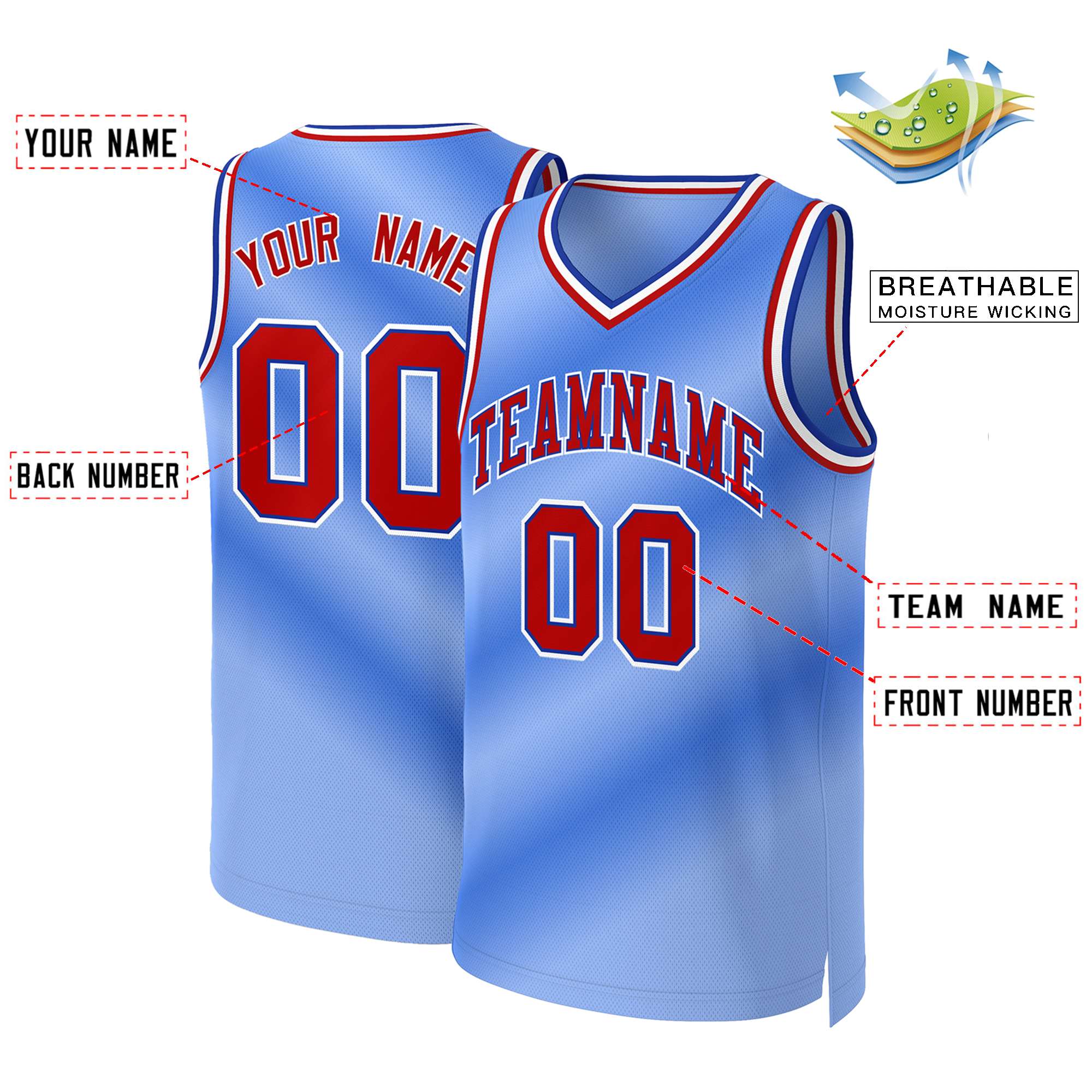 Maillot de basket-ball personnalisé, bleu clair, rouge-Royal, dégradé, hauts à la mode