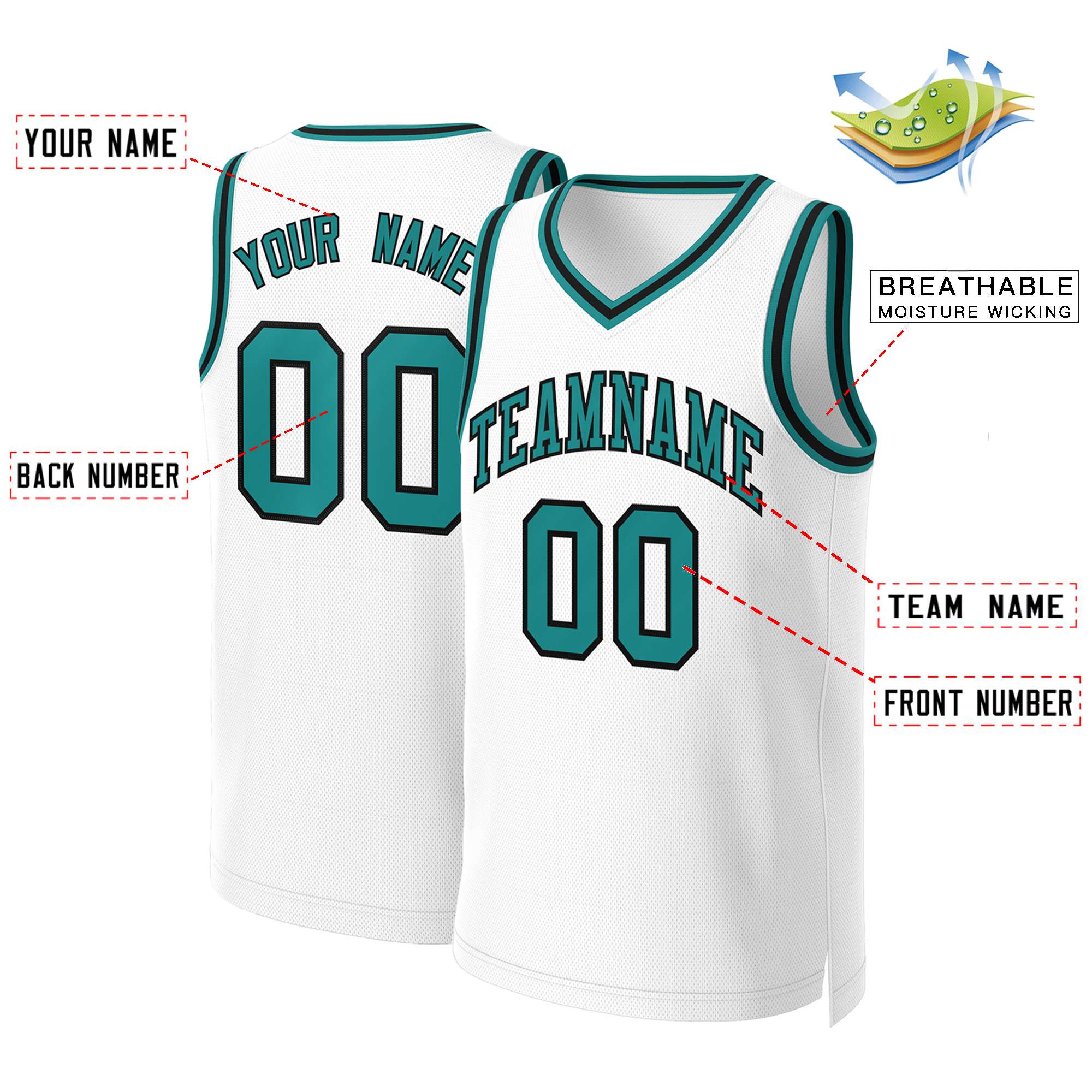 Custom White Teal-Black Classic Tops Basketball Jersey