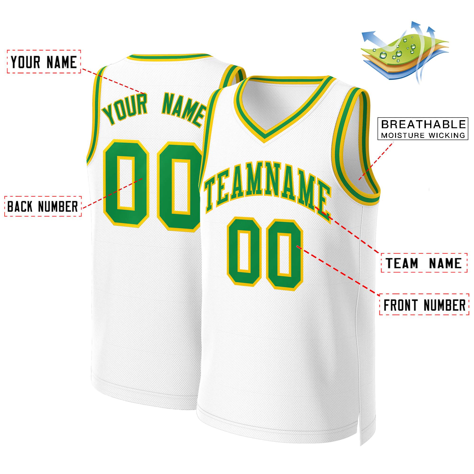 Custom White Green-Yellow Classic Tops Basketball Jersey