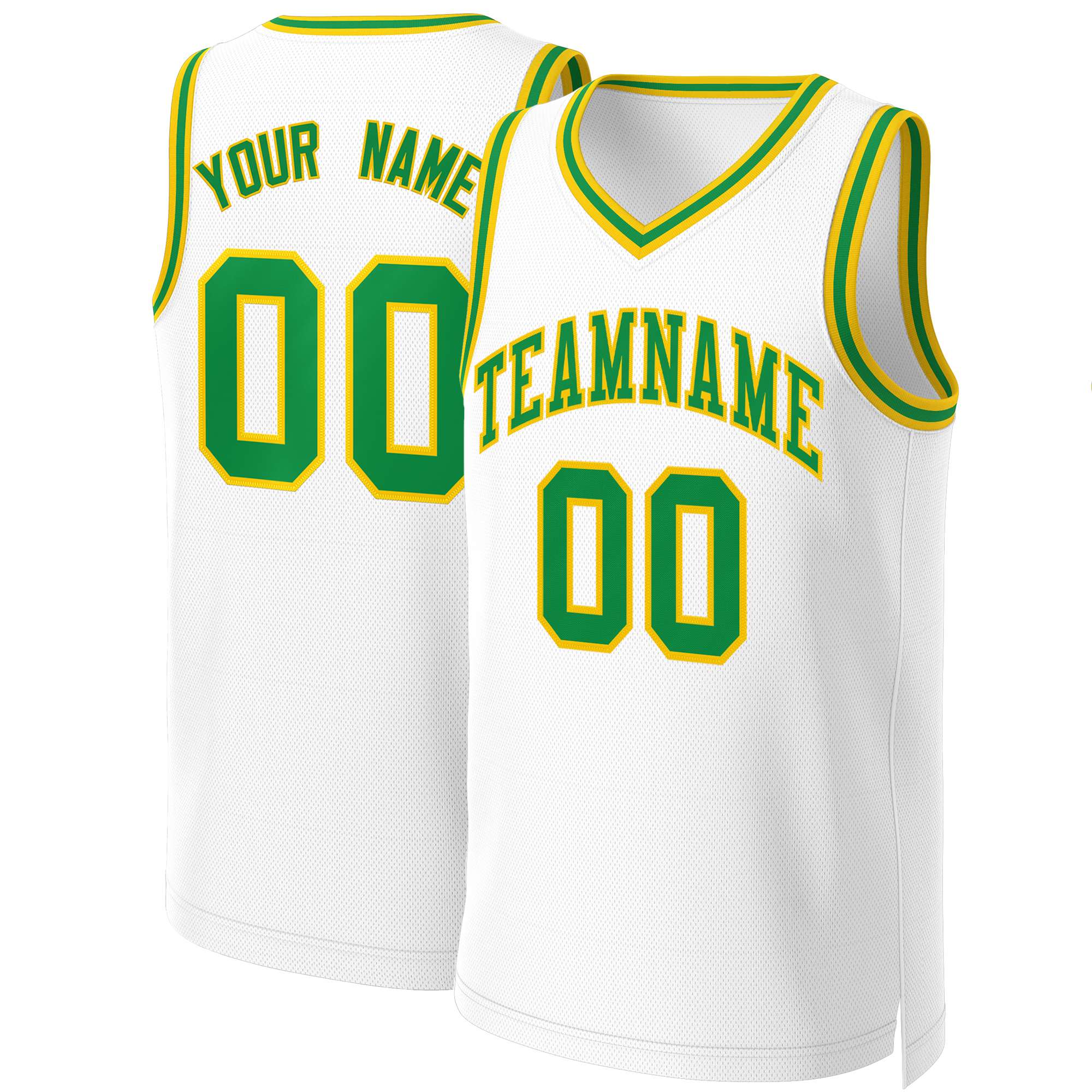 Maillot de basket-ball classique personnalisé blanc vert-jaune