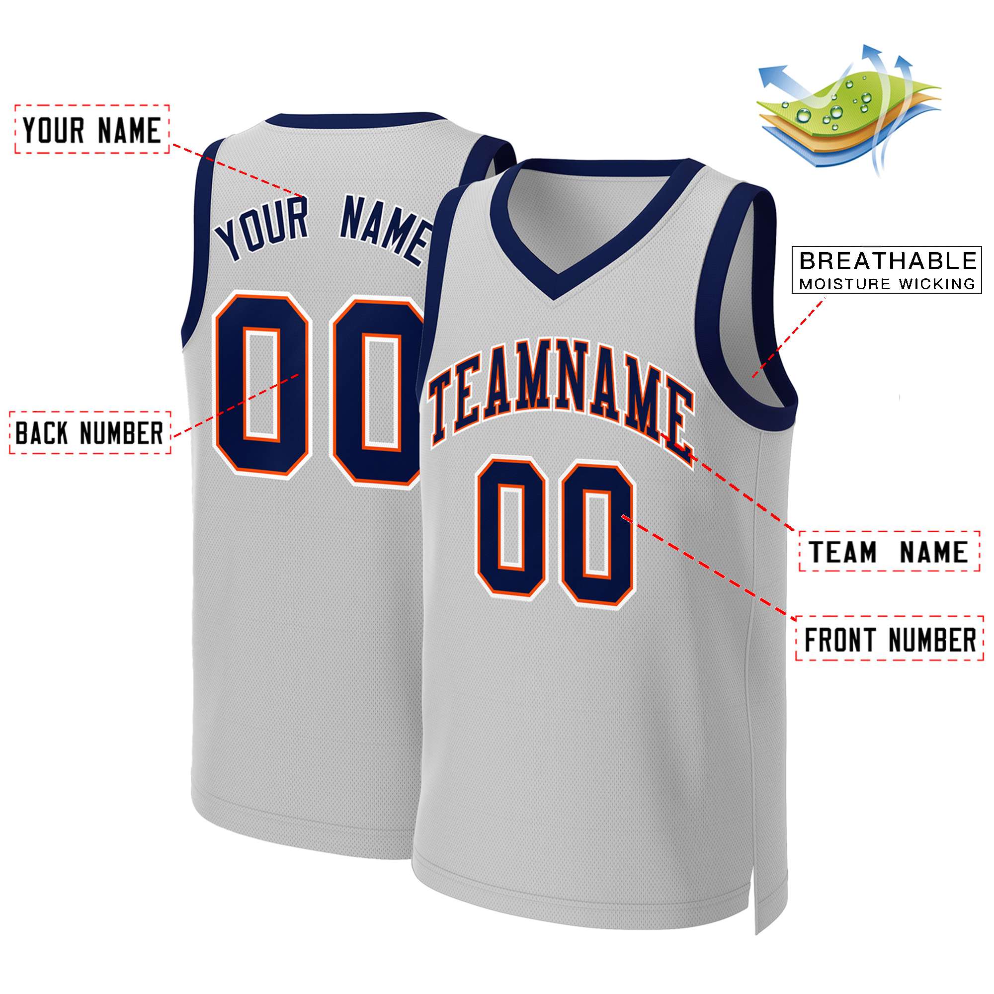 Custom Gray Navy-Orange Classic Tops Basketball Jersey