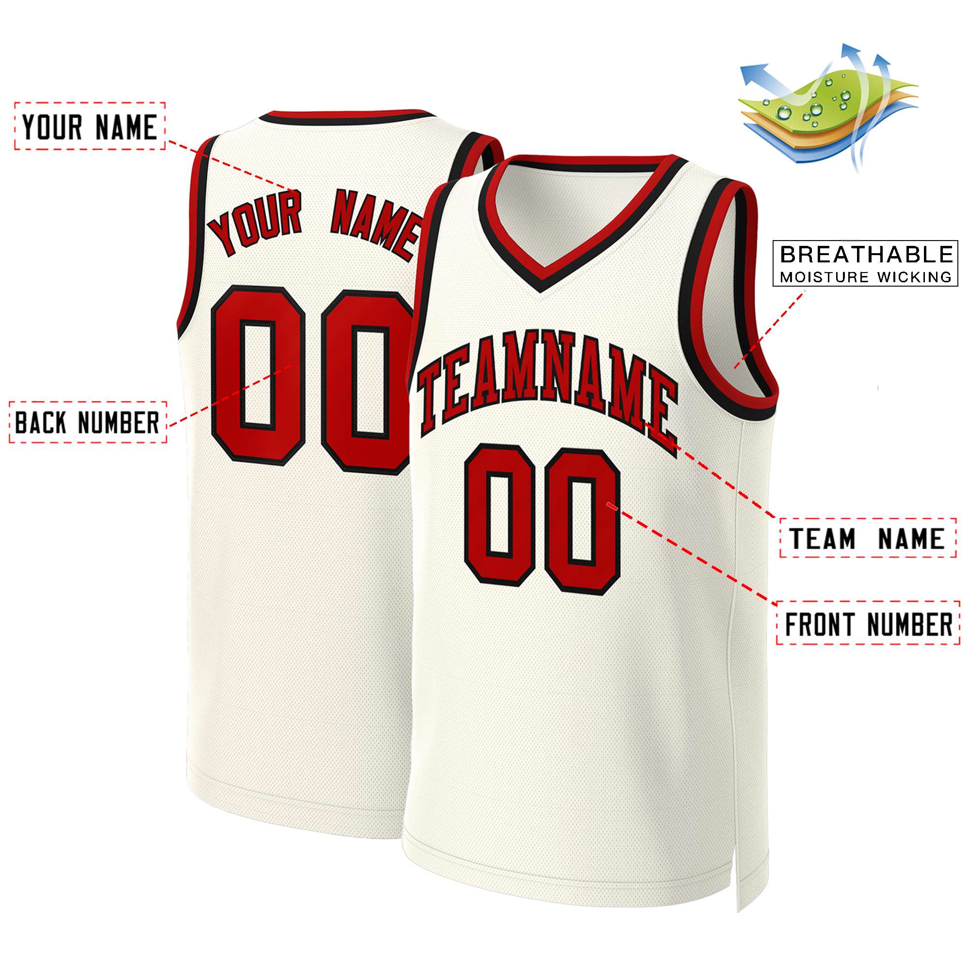 Maillot de basket-ball classique personnalisé kaki rouge-noir