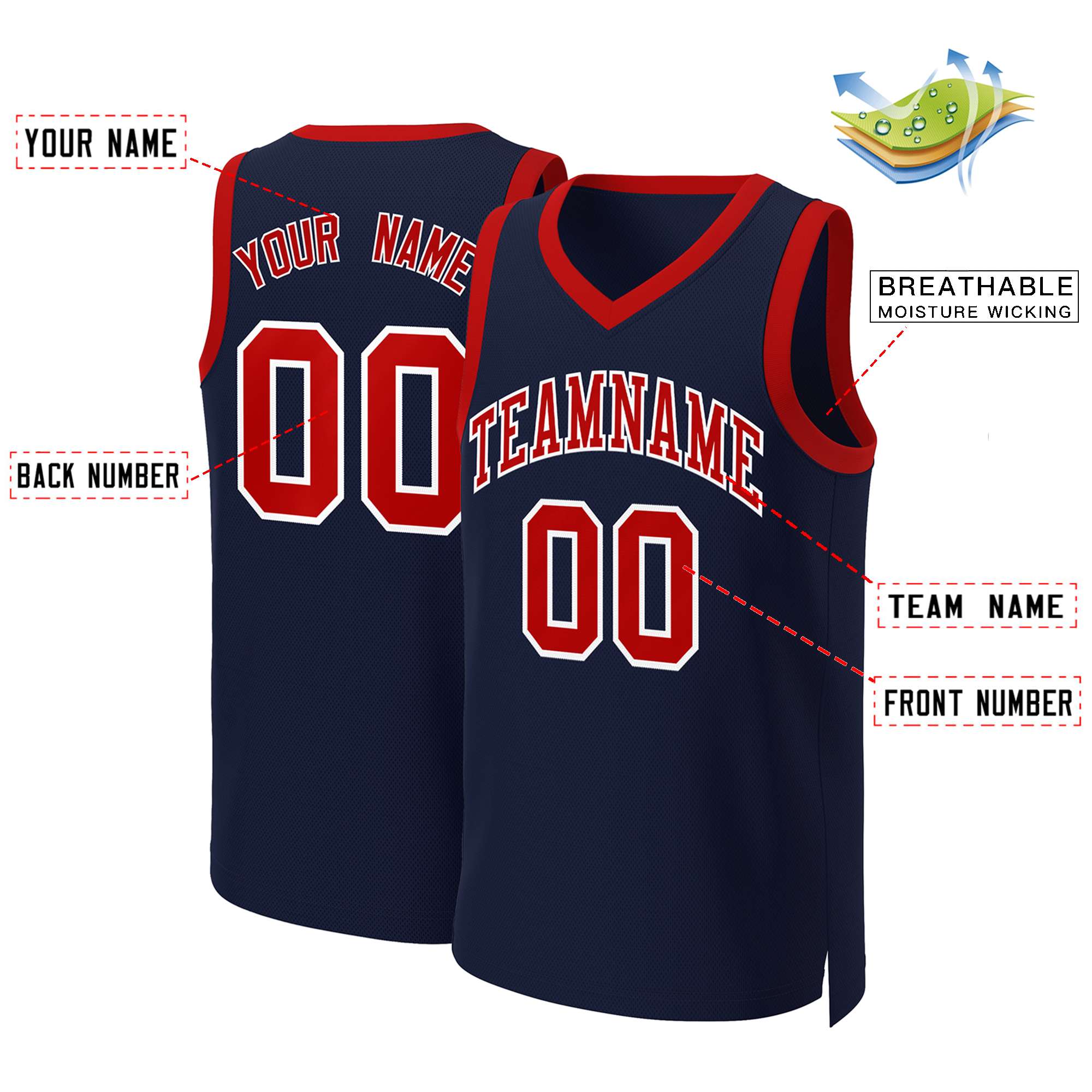 Maillot de basket-ball classique personnalisé, bleu marine, rouge et blanc