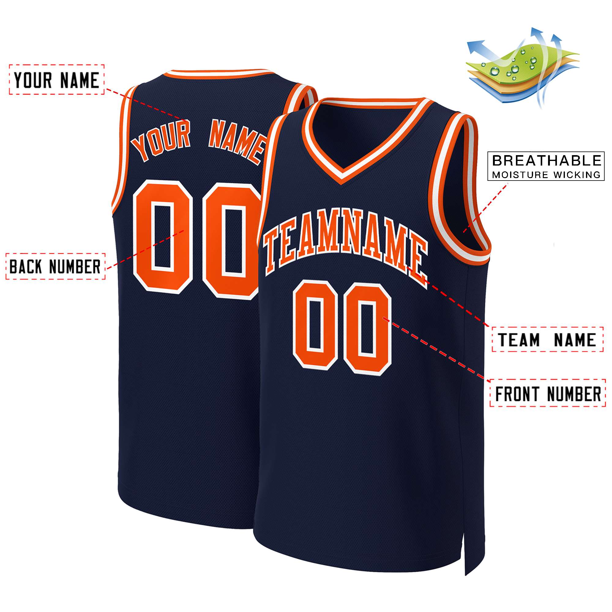 Maillot de basket-ball classique personnalisé, bleu marine, Orange-blanc