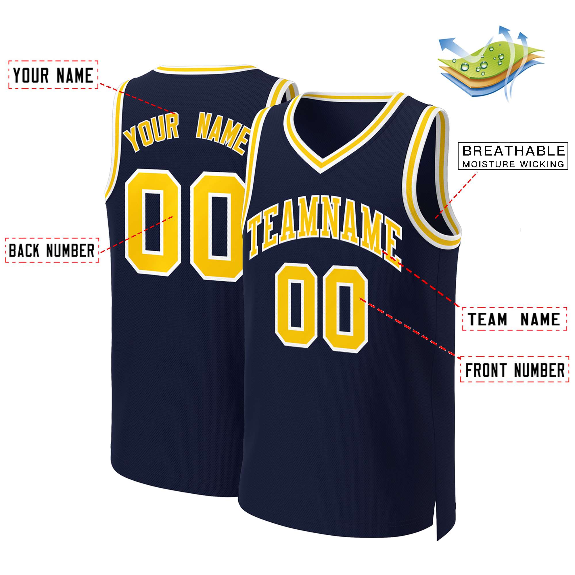 Maillot de basket-ball personnalisé, haut classique jaune-blanc marine