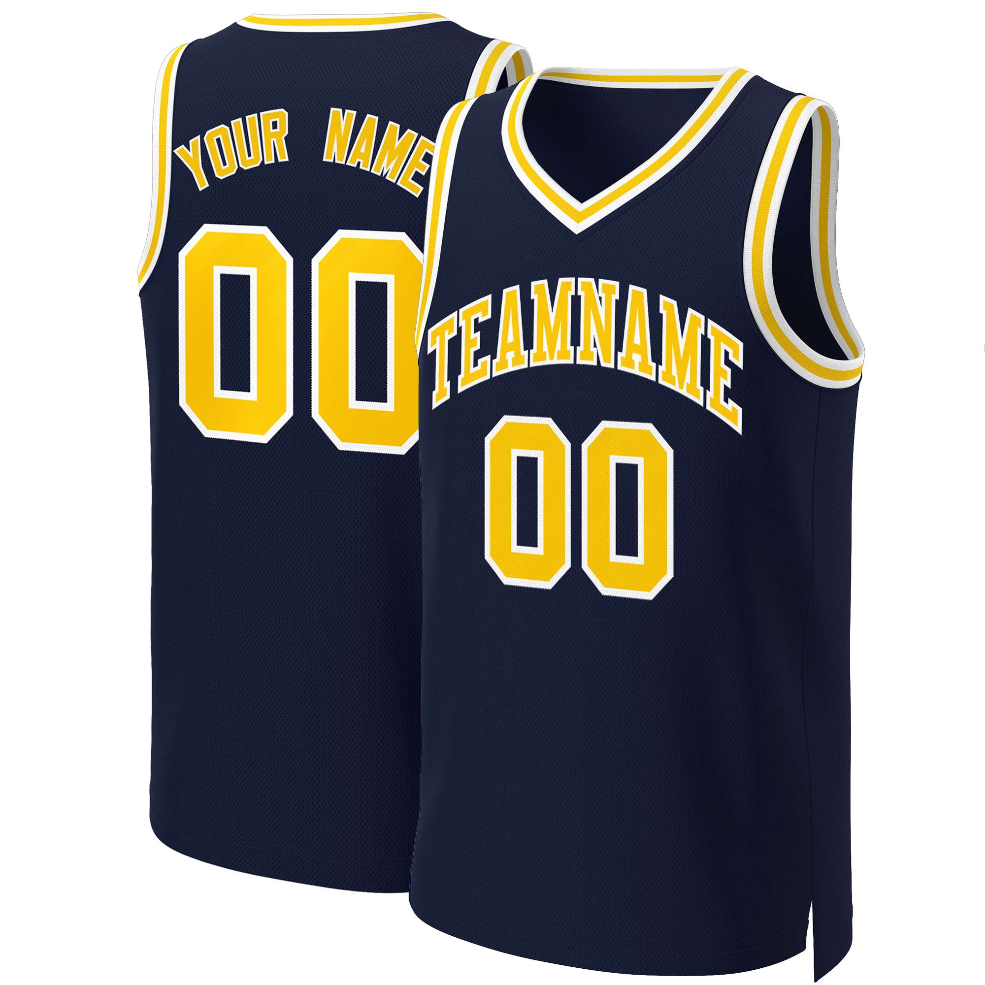 Maillot de basket-ball personnalisé, haut classique jaune-blanc marine