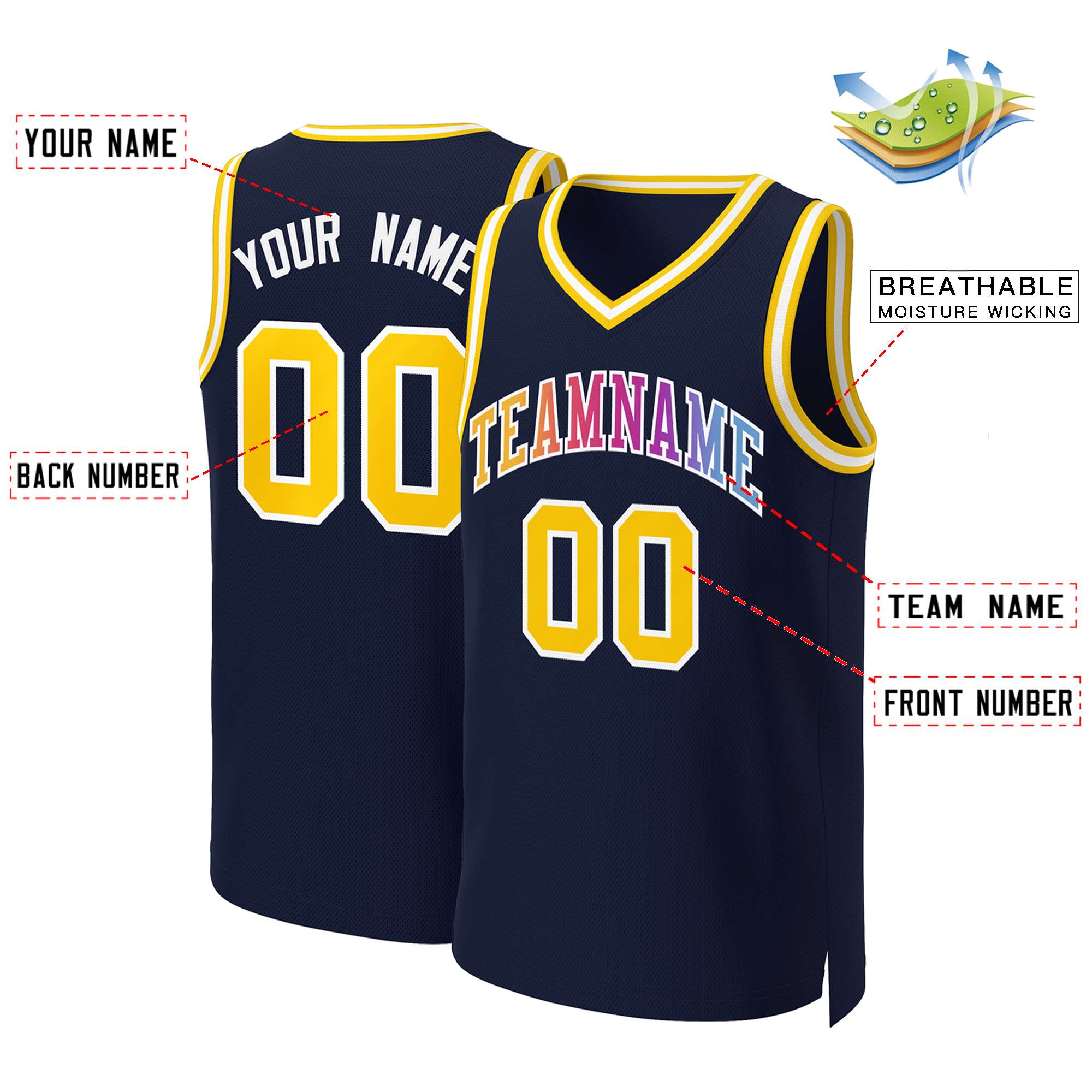 Custom Navy Yellow-White Classic Gradient Fashion Tops Basketball Jersey