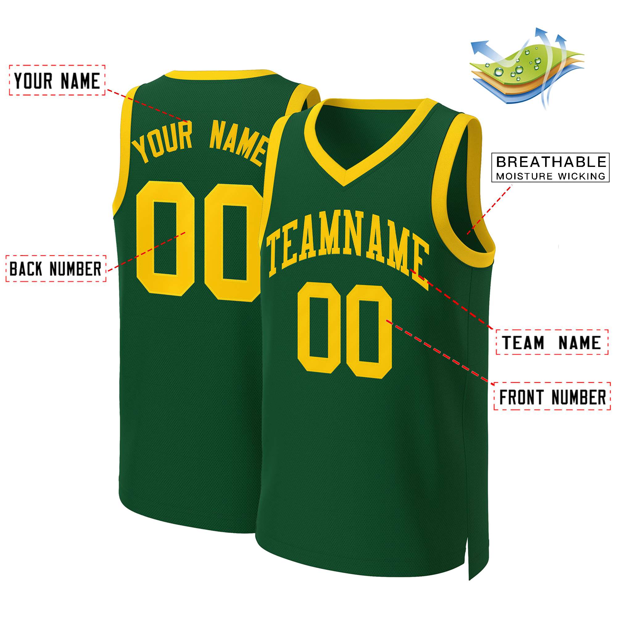 Maillot de basket-ball classique personnalisé en or vert