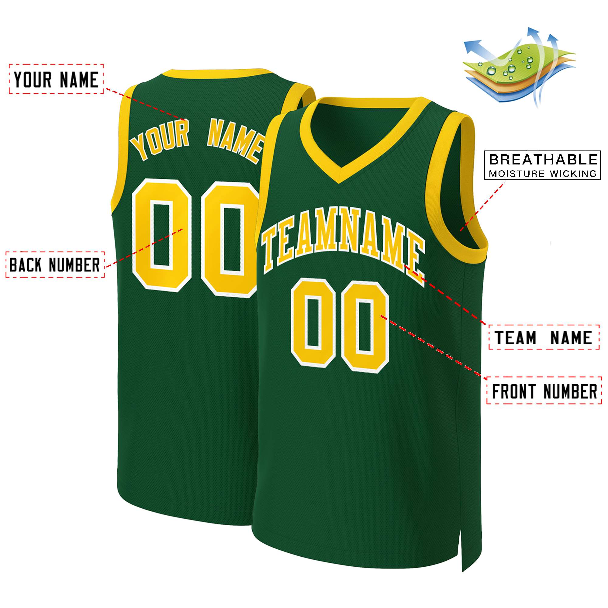 Maillot de basket-ball classique personnalisé vert or-blanc